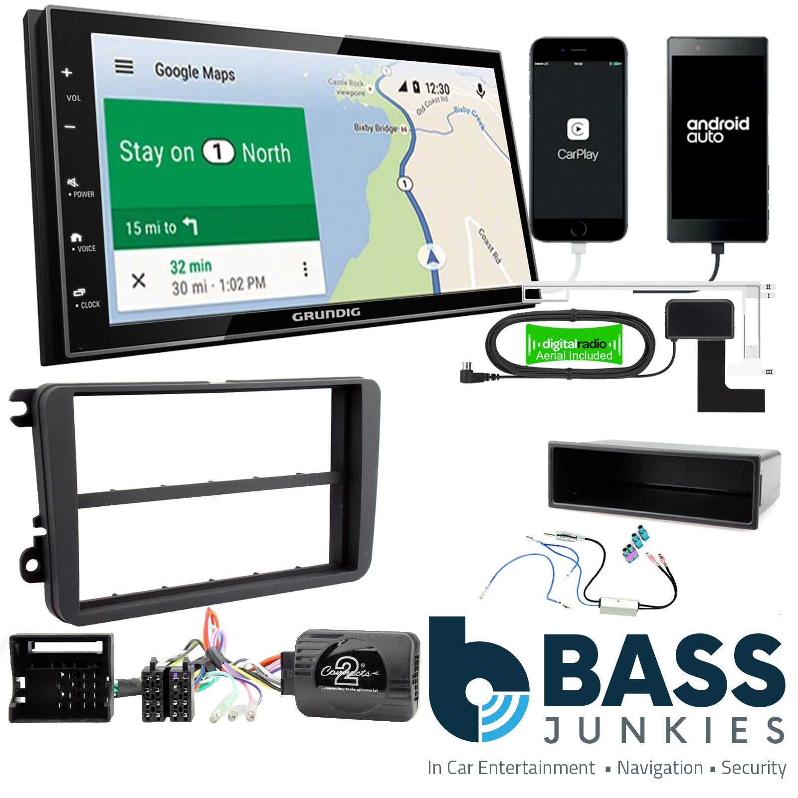 Grundig 6.8" Apple Android Double Din Stereo & Fitting Kit + Steering Wheel Stalk Controls to fit VW Passat 05-15 | Golf 03-13 | Touran 03-15 | Transporter 09-15 | Polo 09-14 | Jetta 05-15 | EOS 06-16