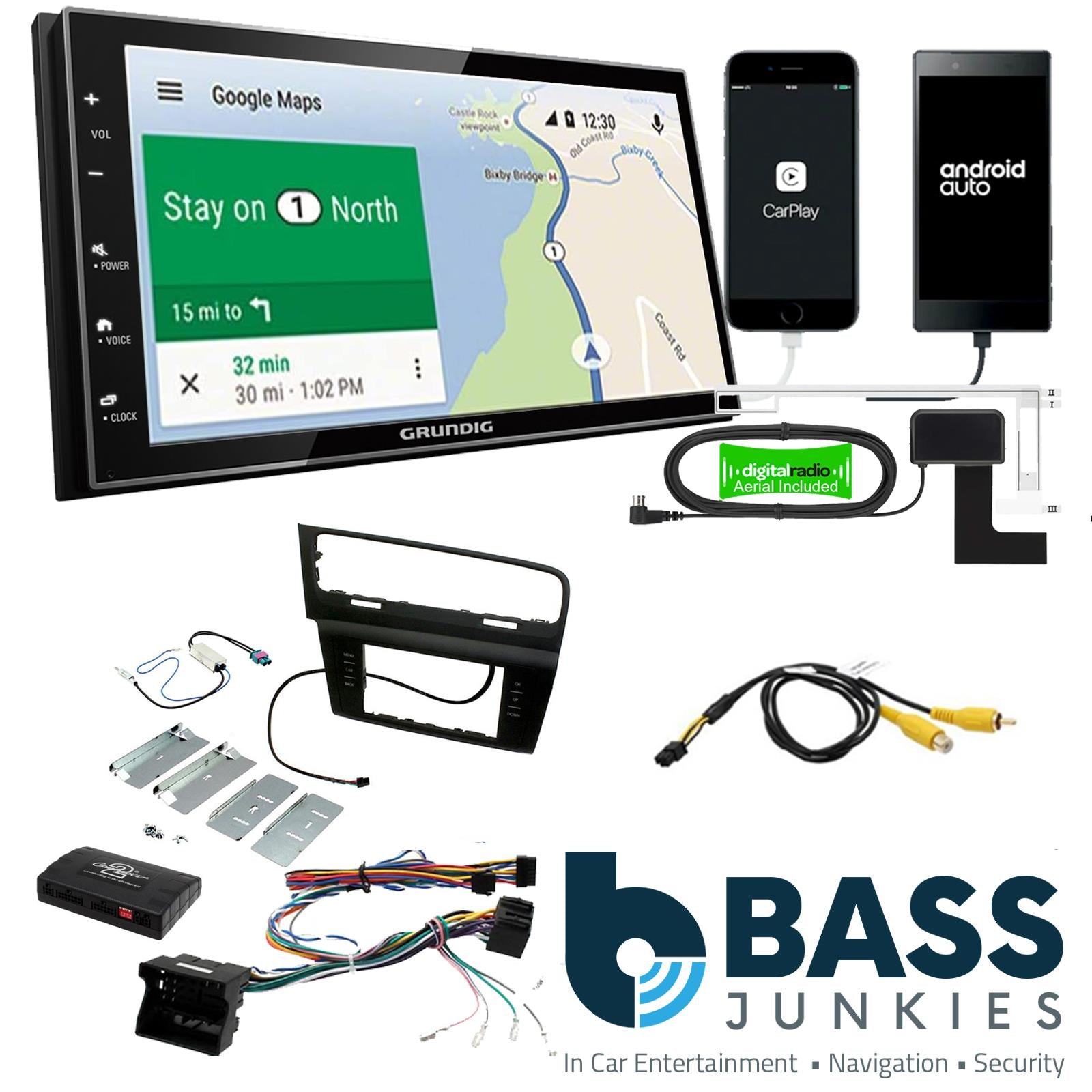 Grundig 6.8" Apple Android Double Din Stereo Fitting Kit + Steering Wheel Stalk Controls to fit VW Golf 2012-18