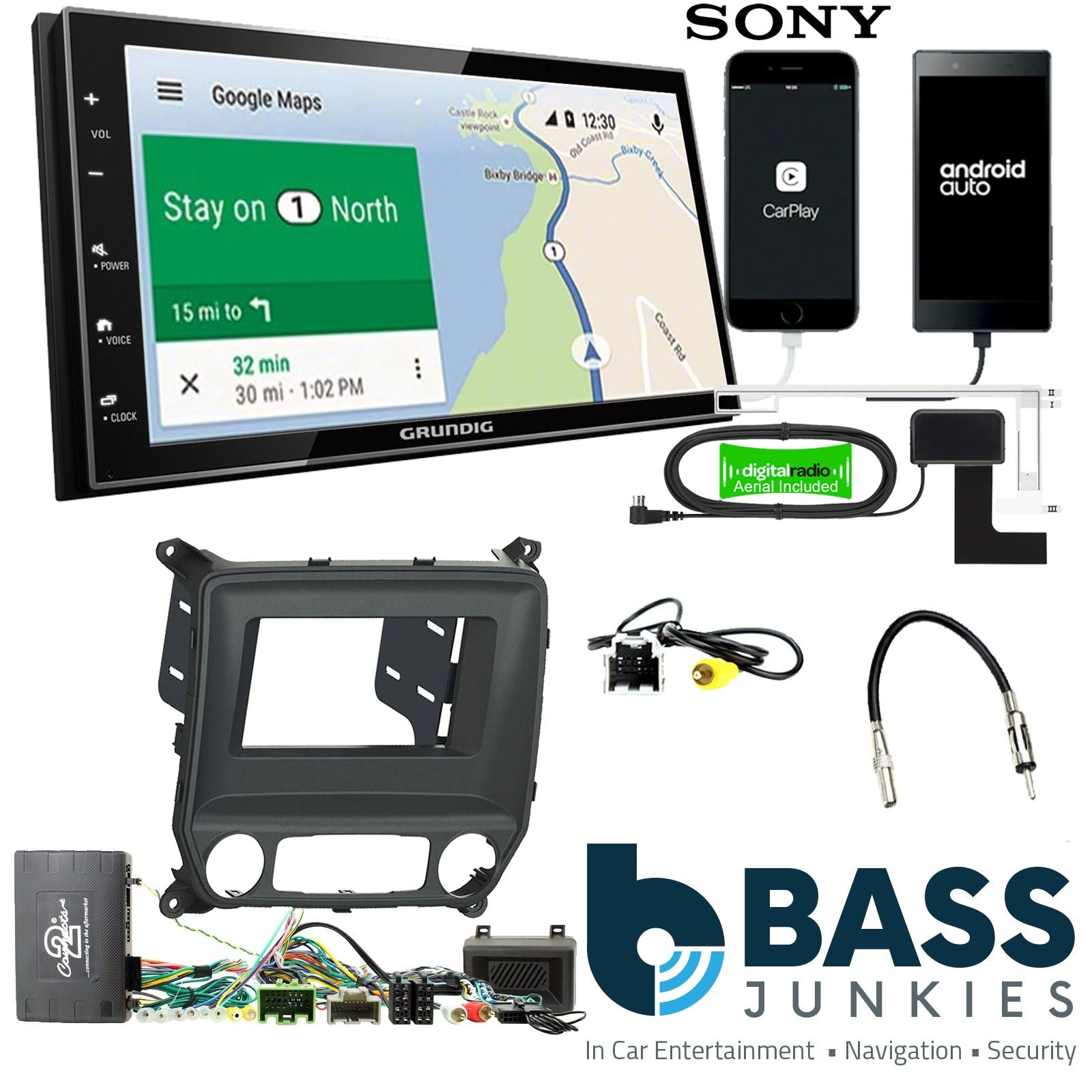 Grundig 6.8" Apple Android Double Din Stereo Fitting Kit + Steering Wheel Stalk Controls to fit Chevrolet Silverado 2014-