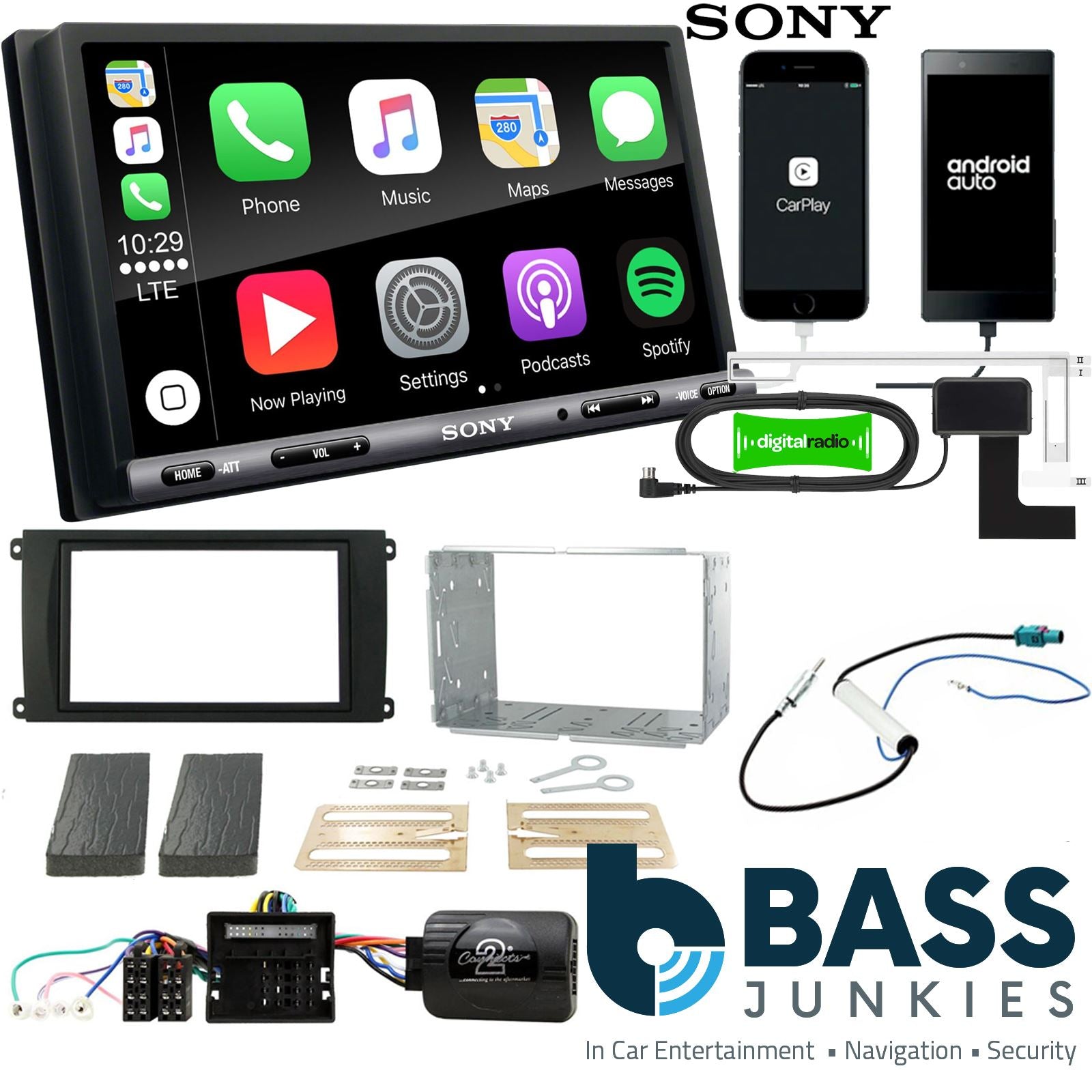 SONY DAB+ Apple | Android Double Din Stereo Fitting Kit + Steering Wheel Stalk Controls to fit Porsche Cayenne 2007-10