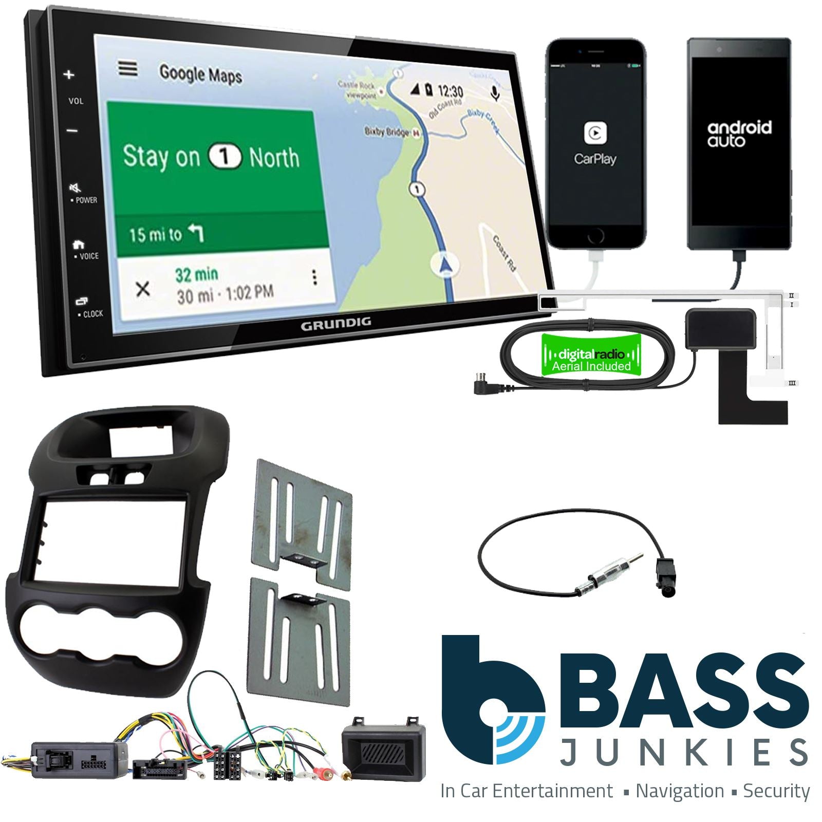 Grundig 6.8" Apple Android Double Din Stereo Fitting Kit + Steering Wheel Stalk Controls to fit Ford Ranger 2012-16