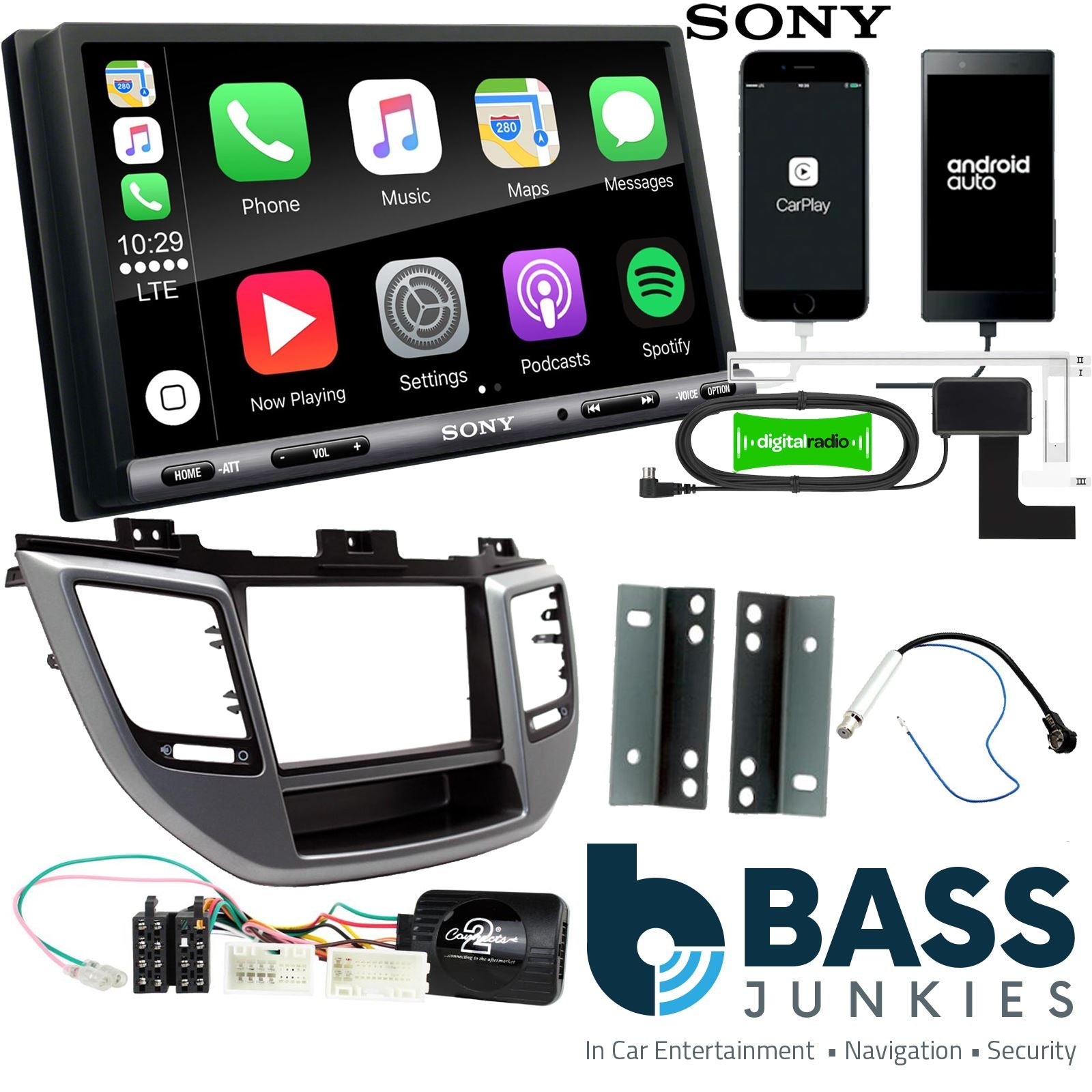 SONY DAB+ Apple | Android Double Din Stereo Fitting Kit + Steering Wheel Stalk Controls to fit Hyundai Tucson 2015-21