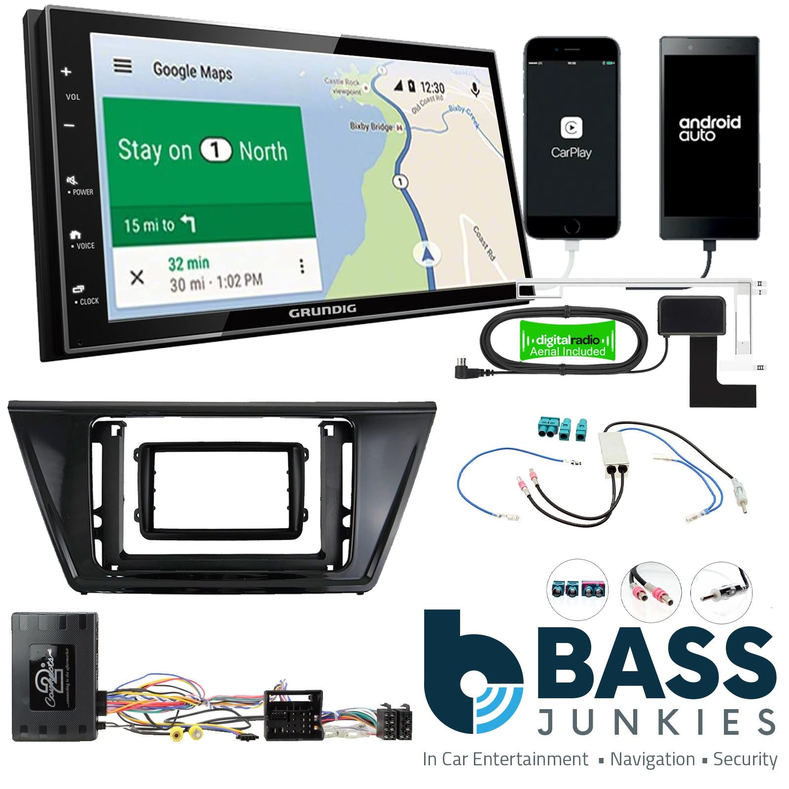 Grundig 6.8" Apple Android Double Din Stereo Fitting Kit + Steering Wheel Stalk Controls to fit VW Touran 2016-