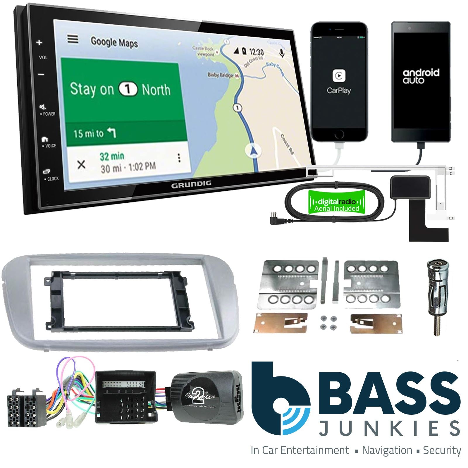 Grundig 6.8" Apple Android Double Din Stereo Fitting Kit + Steering Wheel Stalk Controls to fit Ford Focus 2007-11 | Ford Mondeo 2007-14
