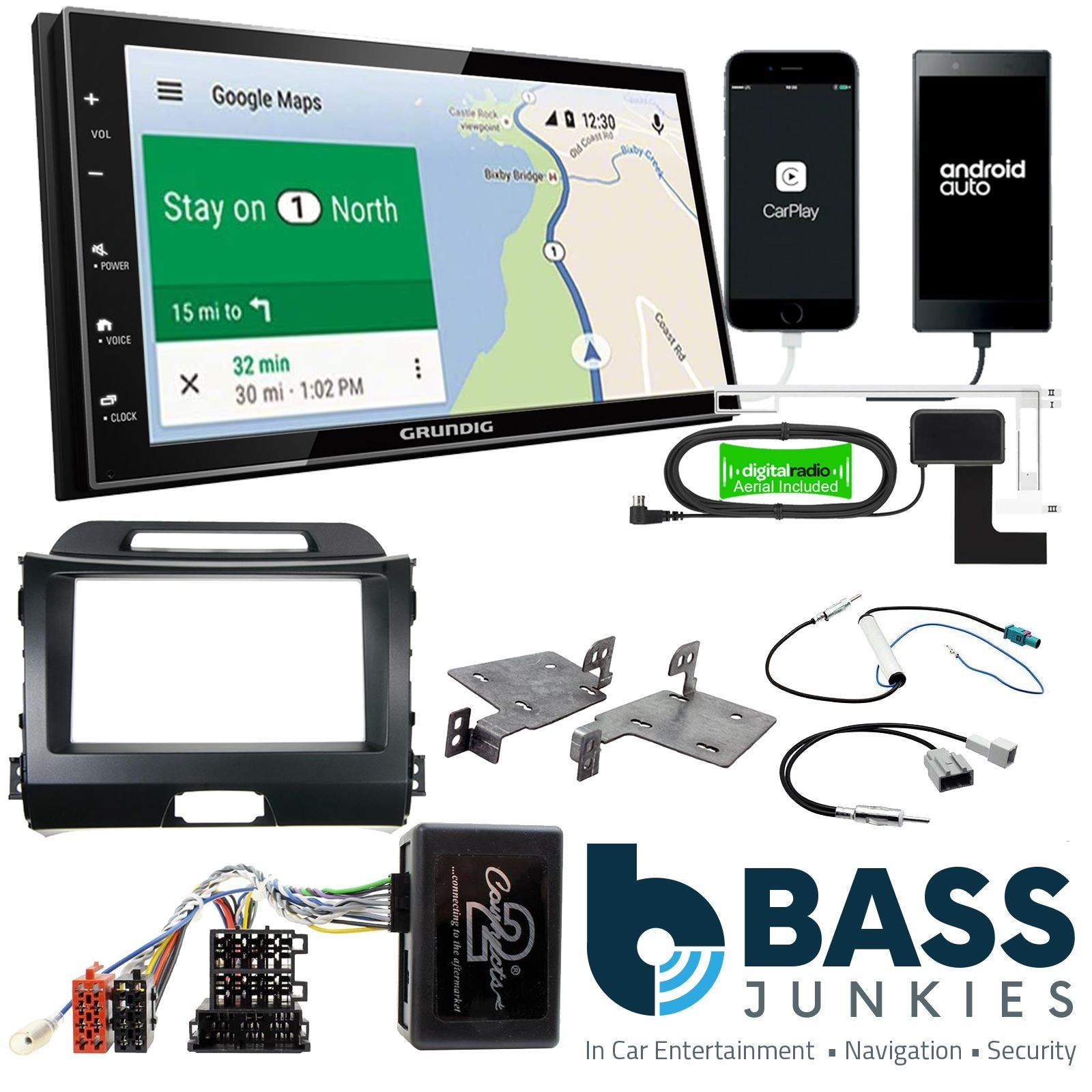 Grundig 6.8" Apple Android Double Din Stereo Fitting Kit + Steering Wheel Stalk Controls to fit Kia Sportage 2010-15