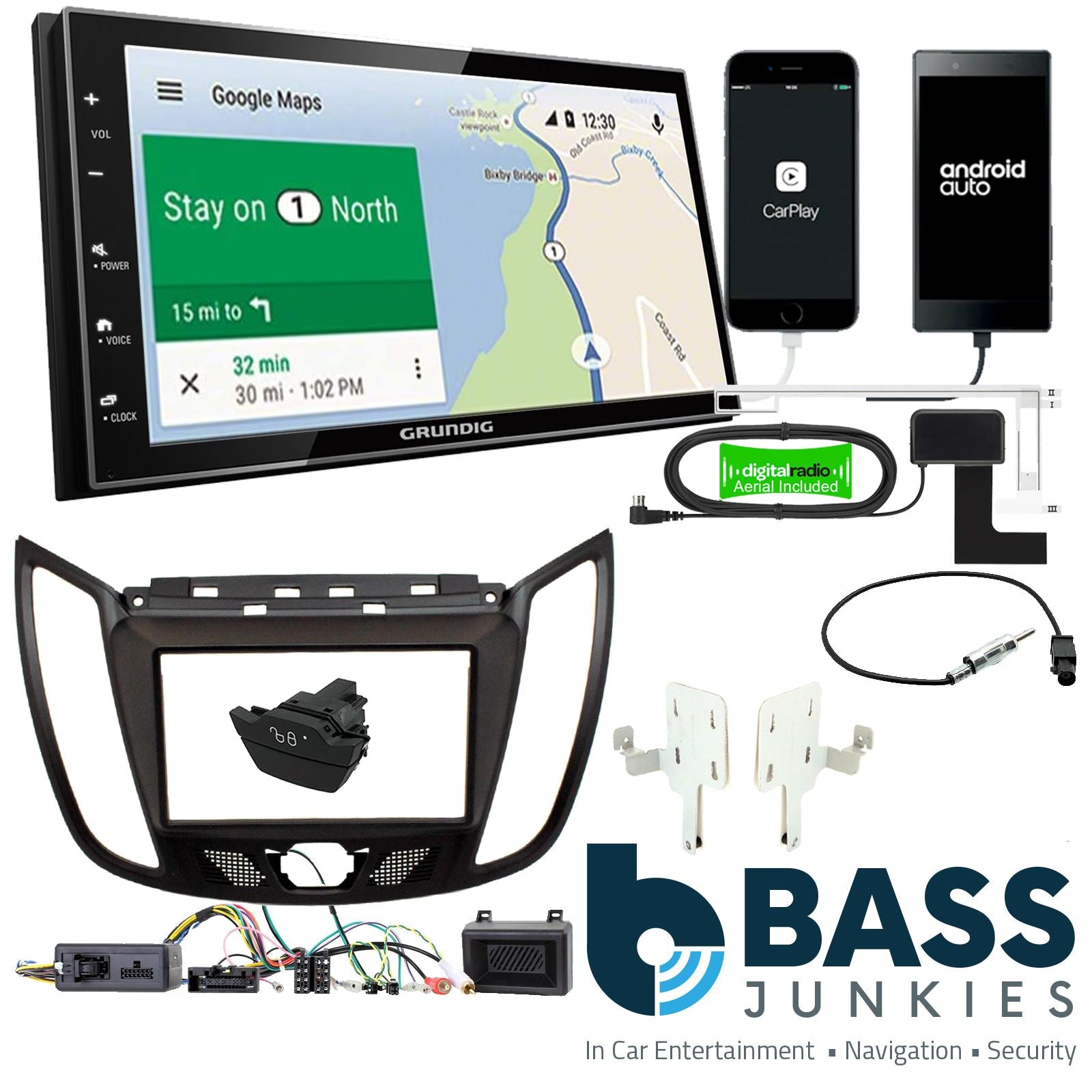 Grundig 6.8" Apple Android Double Din Stereo Fitting Kit + Steering Wheel Stalk Controls to fit Ford Kuga 2013-