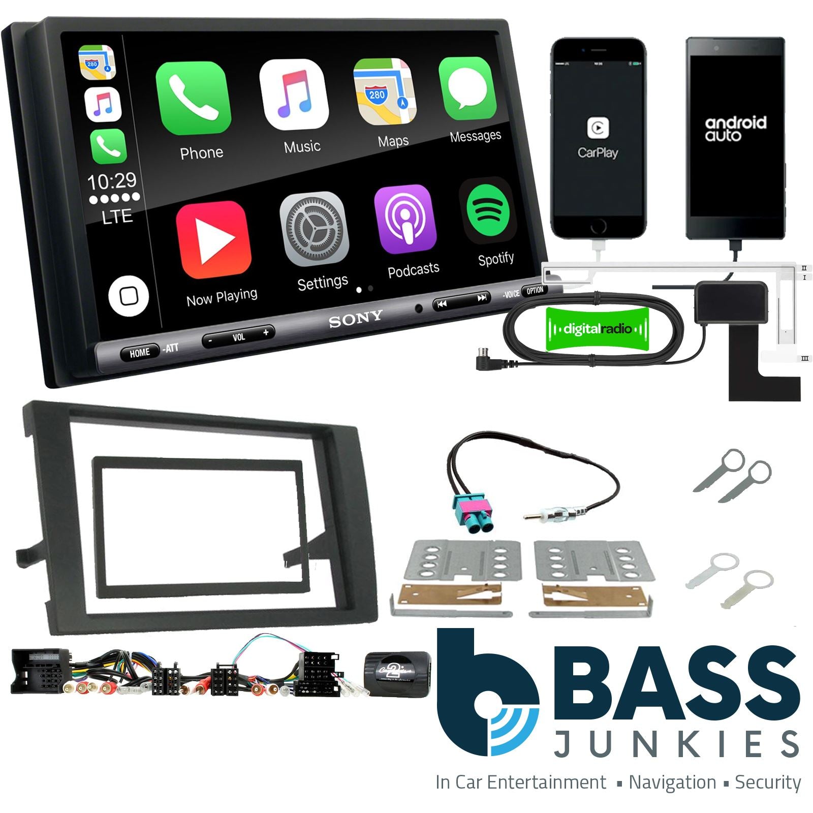 SONY DAB+ Apple | Android Double Din Stereo Fitting Kit + Steering Wheel Stalk Controls to fit Audi A4 2007-2009