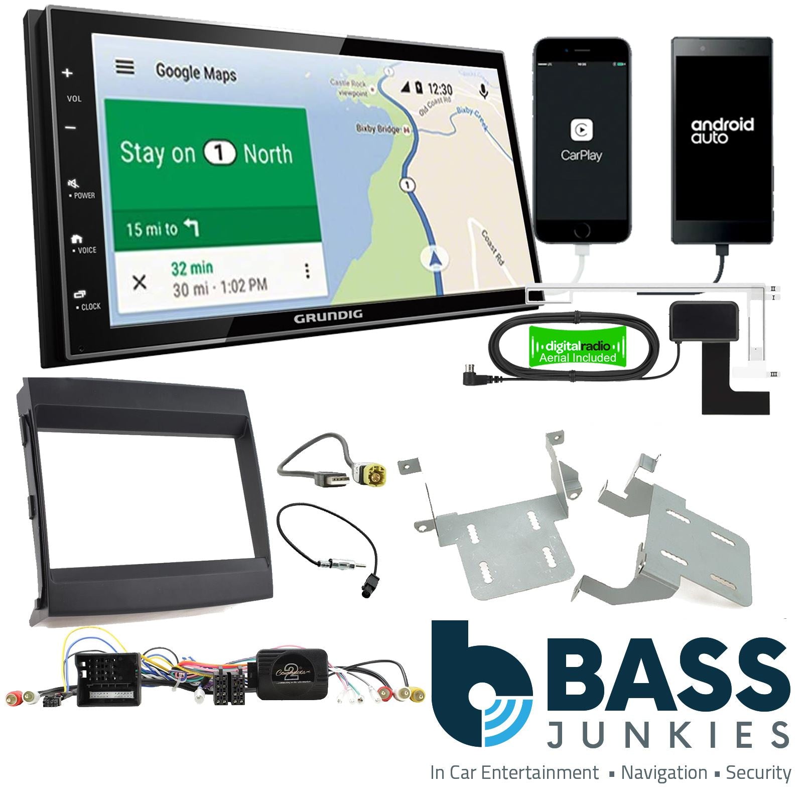 Grundig 6.8" Apple Android Double Din Stereo Fitting Kit + Steering Wheel Stalk Controls to fit Porsche Cayenne 2011-16