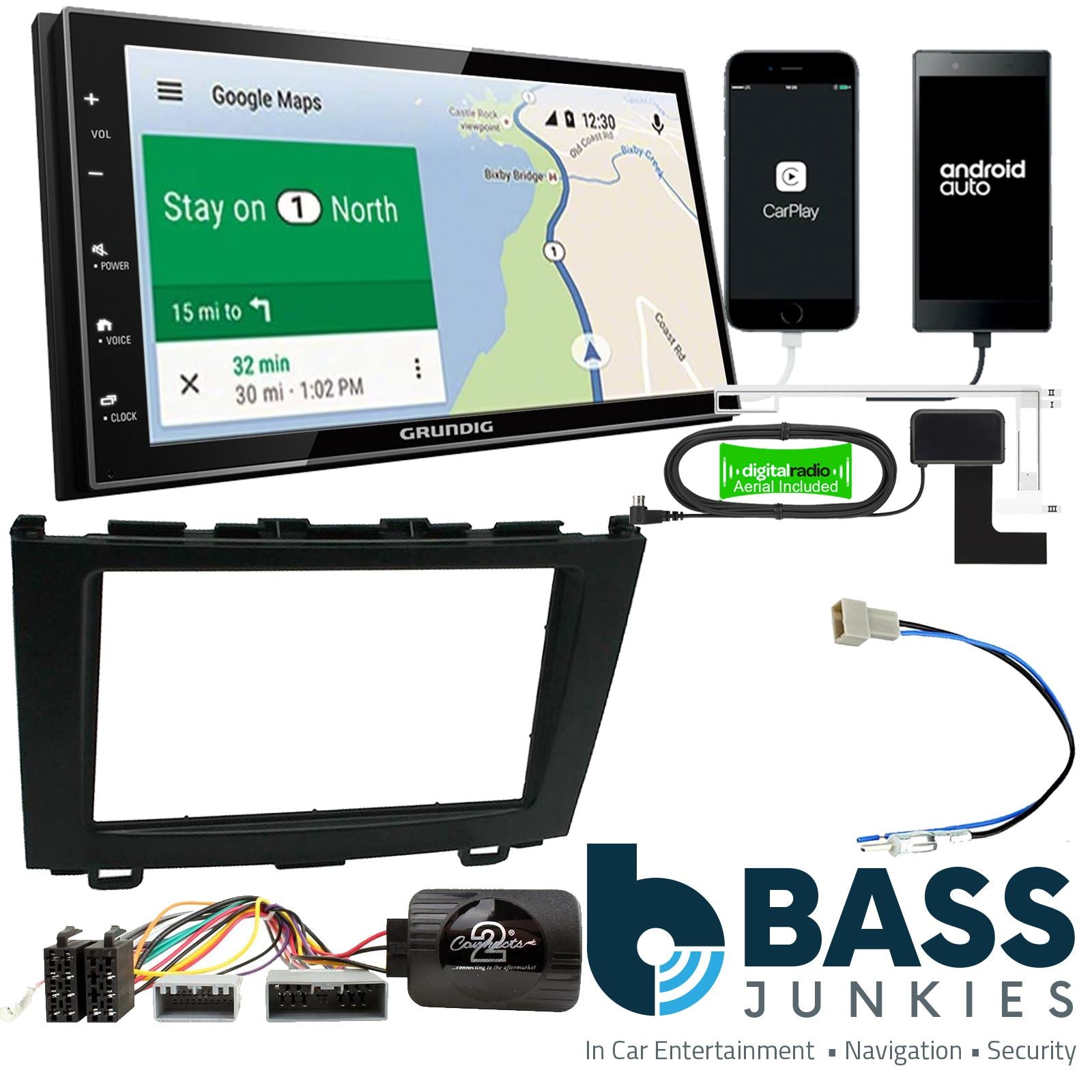 Grundig 6.8" Apple Android Double Din Stereo Fitting Kit + Steering Wheel Stalk Controls to fit Honda CR-V 2007-09