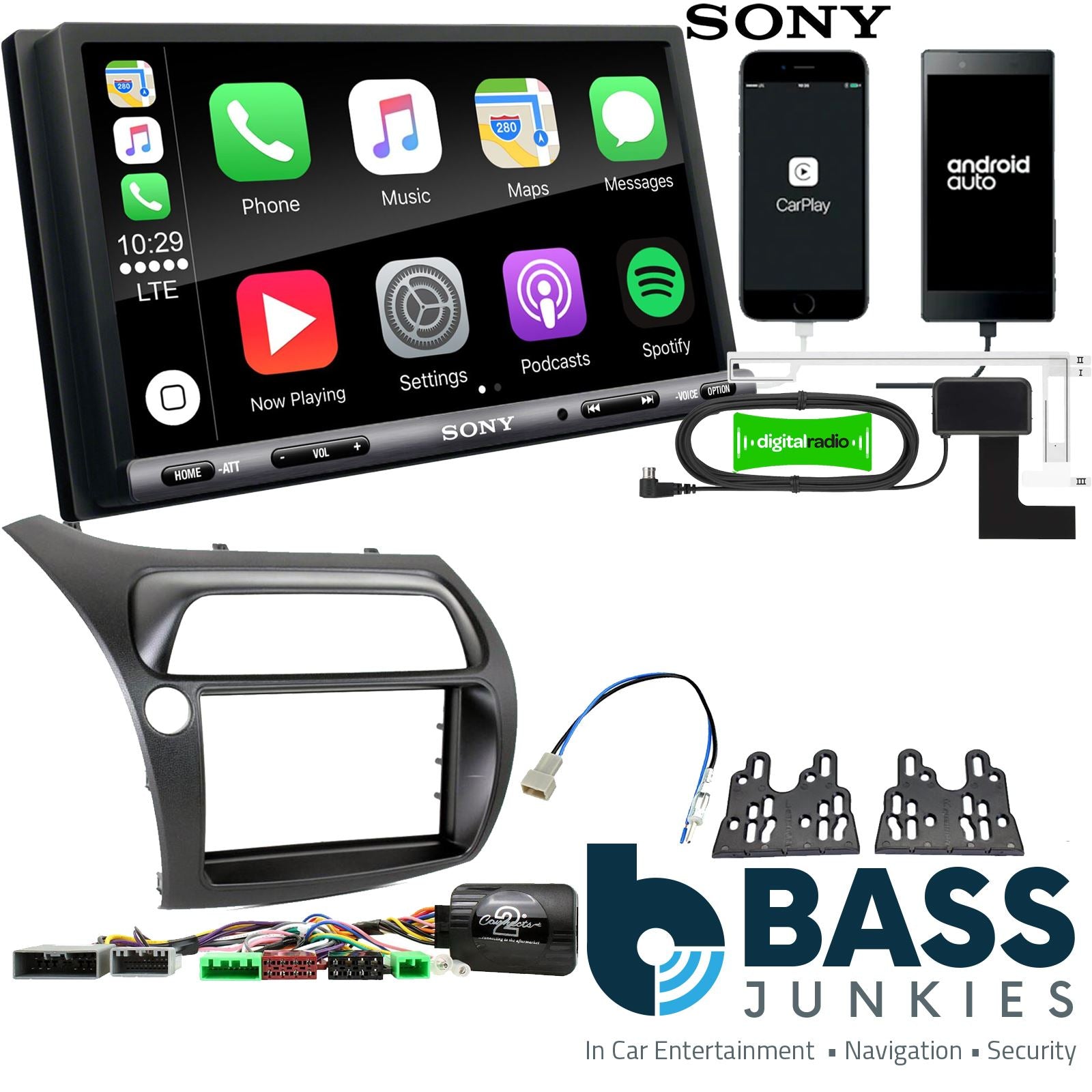 SONY DAB+ Apple | Android Double Din Stereo Fitting Kit + Steering Wheel Stalk Controls to fit Honda Civic 2006-11