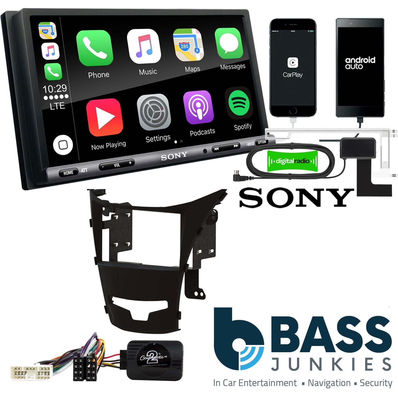 SONY DAB+ Apple | Android Double Din Stereo Fitting Kit + Steering Wheel Stalk Controls to fit SsangYong Korando 2013-17