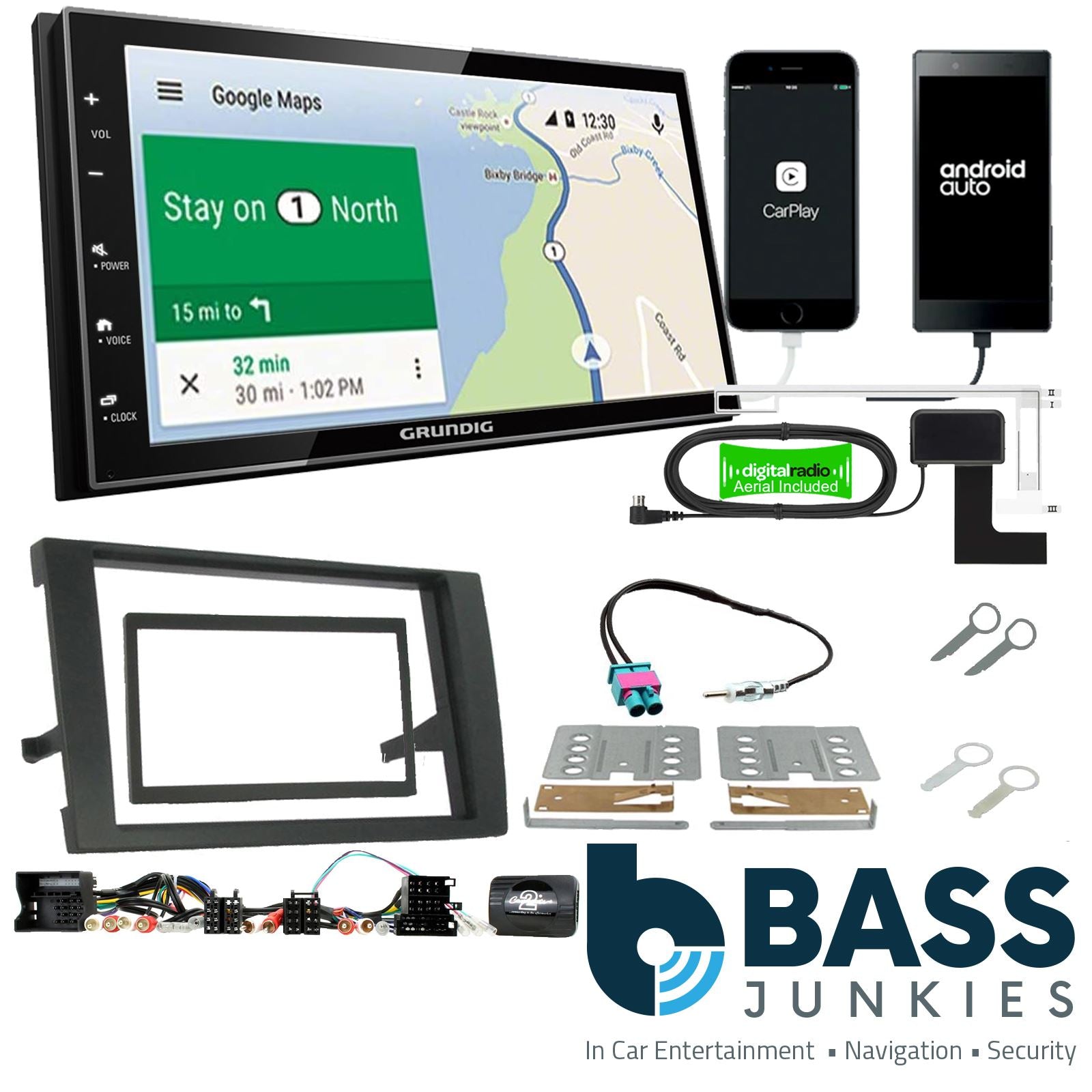 Grundig 6.8" Apple Android Double Din Stereo Fitting Kit + Steering Wheel Stalk Controls to fit Audi A4 2007-2009