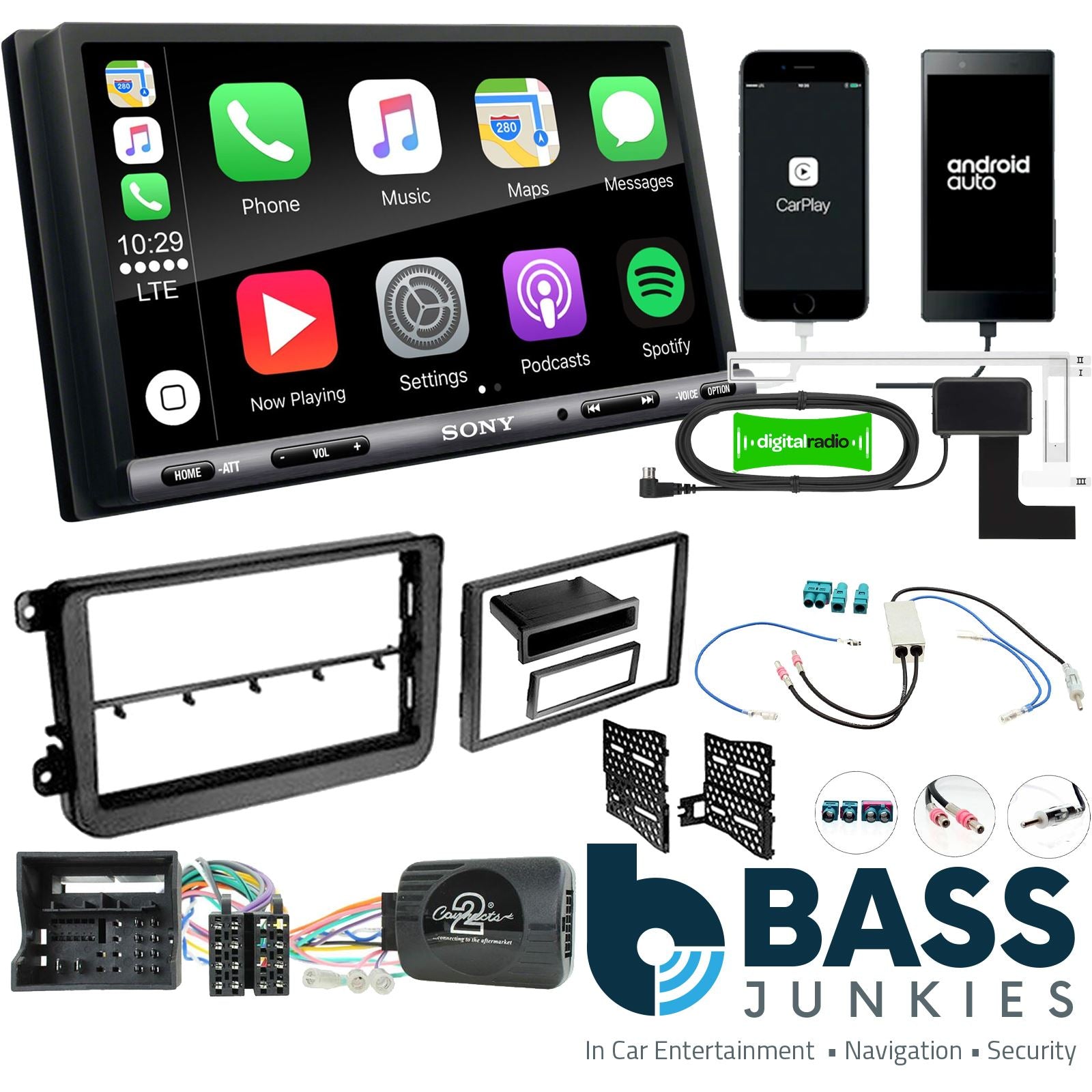 SONY DAB+ Apple | Android Double Din Stereo & Fitting Kit + Steering Wheel Stalk Controls to fit VW Tiguan 15-15 | Caddy 15-20 | Beetle 15- | Jetta 11-18 | Transporter T6 15- | Scirocco 15-17