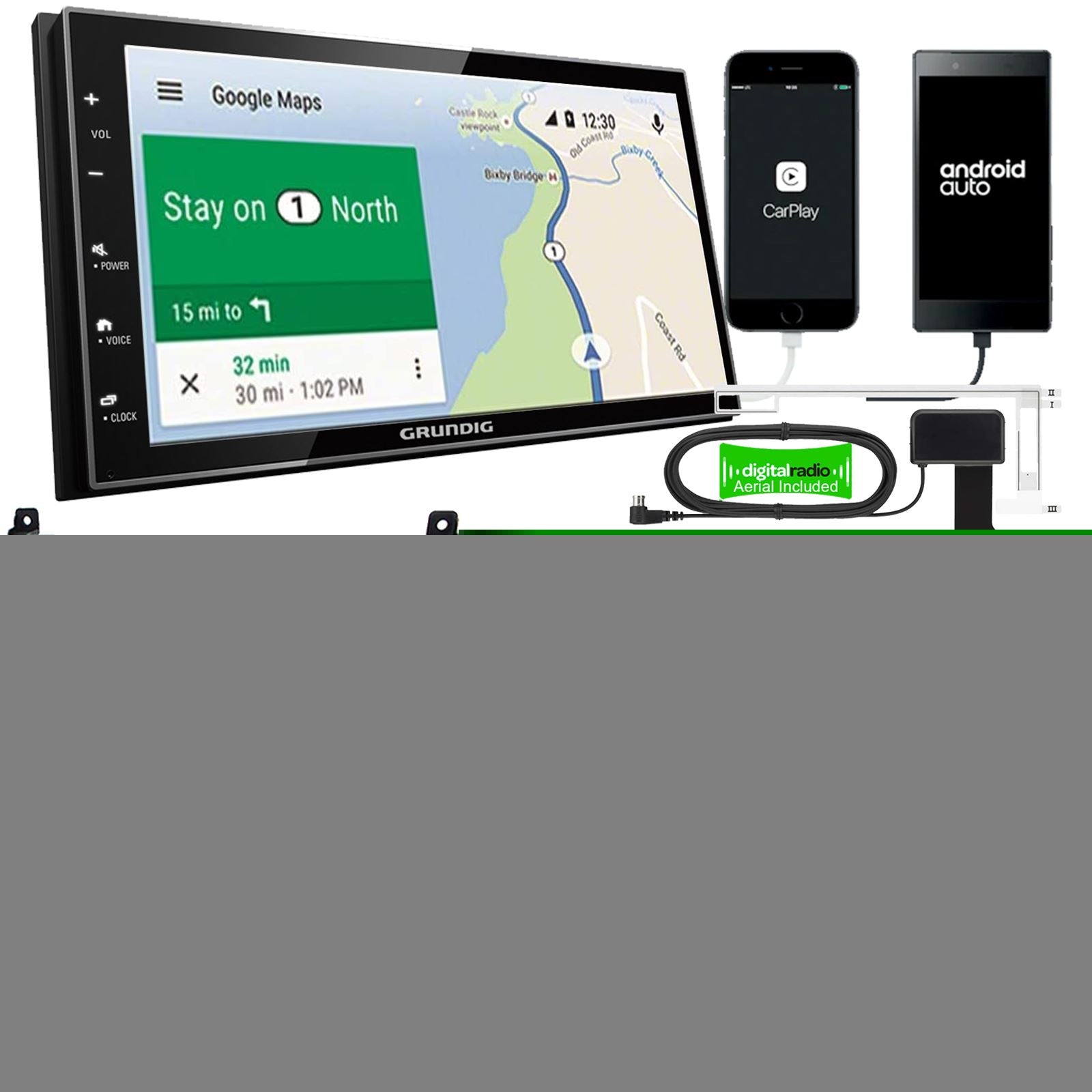 Grundig 6.8" Apple Android Double Din Stereo Fitting Kit + Steering Wheel Stalk Controls to fit BMW 5-Series 2003-07