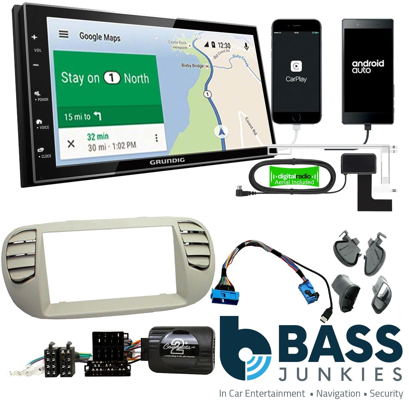 Grundig 6.8" Apple Android Double Din Stereo Fitting Kit + Steering Wheel Stalk Controls to fit Fiat 500 2007-15