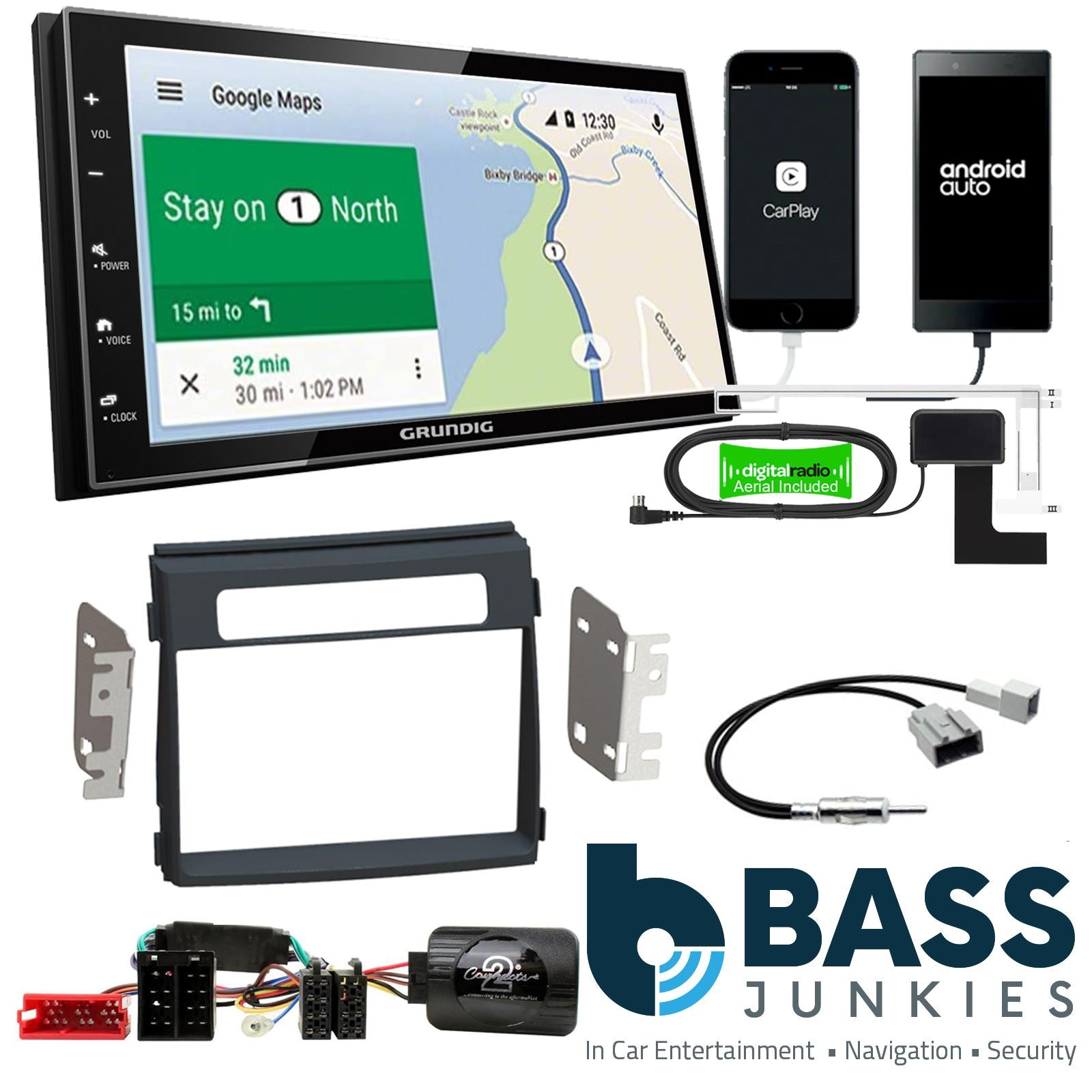 Grundig 6.8" Apple Android Double Din Stereo Fitting Kit + Steering Wheel Stalk Controls to fit Kia Soul 2012-14