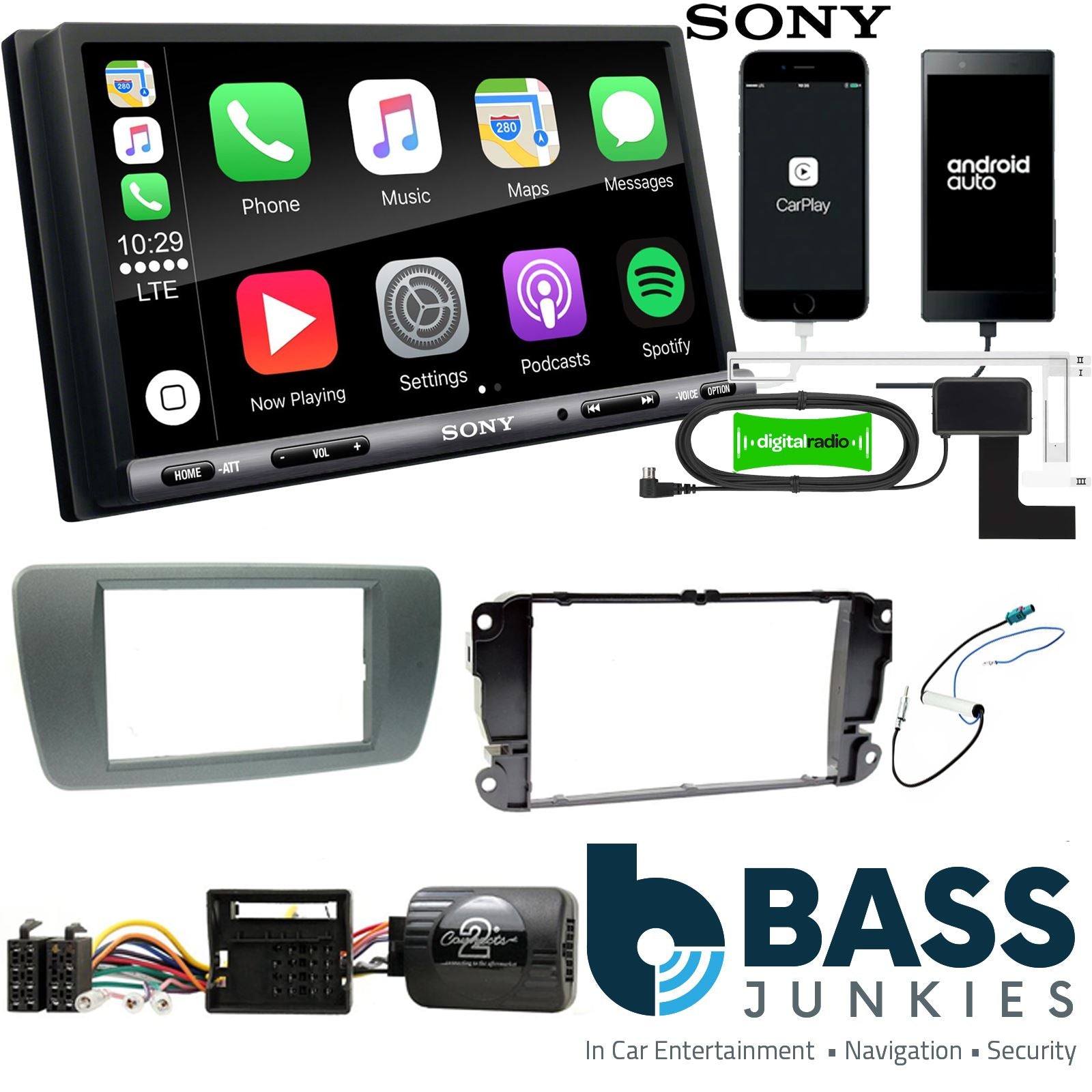 SONY DAB+ Apple | Android Double Din Stereo Fitting Kit + Steering Wheel Stalk Controls to fit Seat Ibiza 2008-14