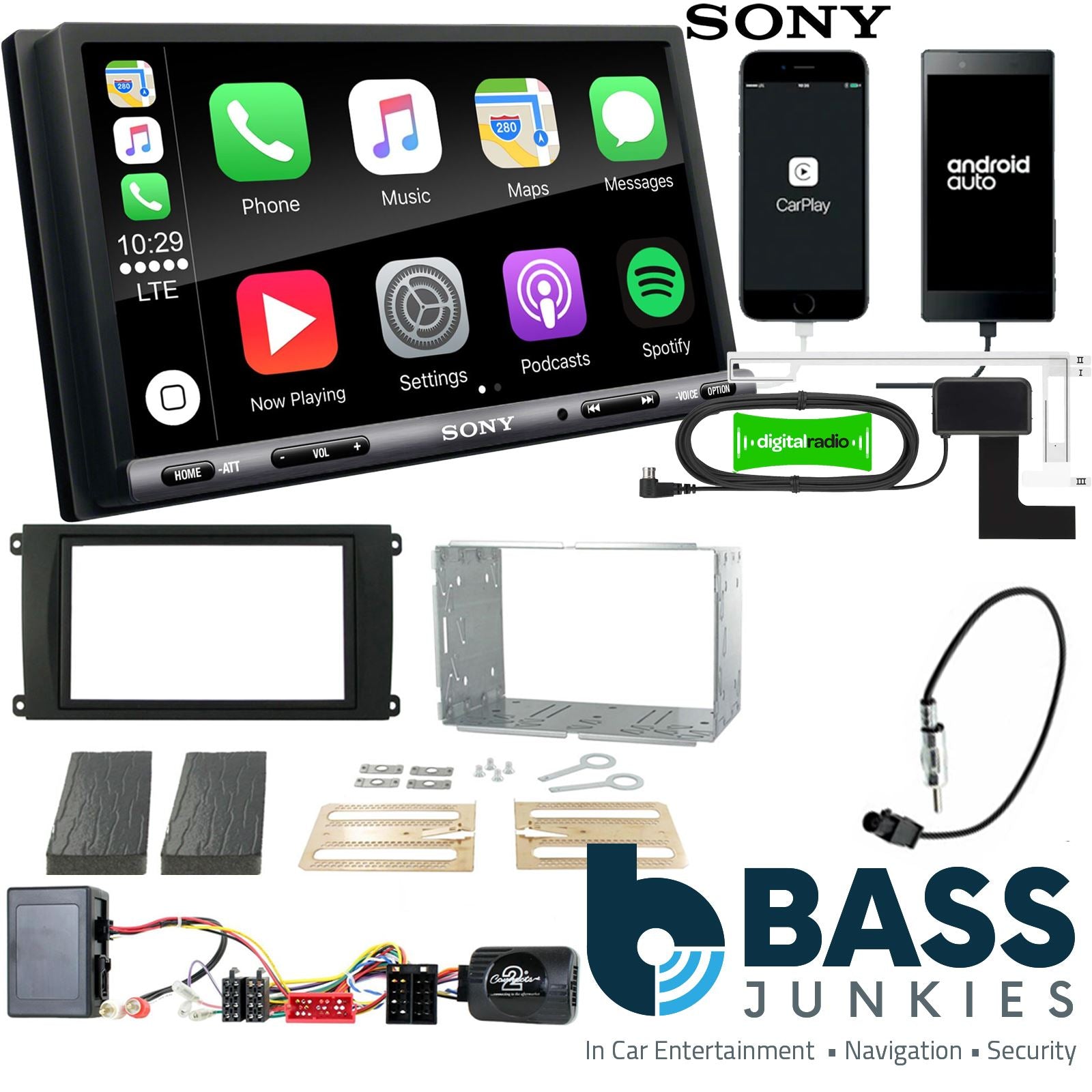 SONY DAB+ Apple | Android Double Din Stereo Fitting Kit + Steering Wheel Stalk Controls to fit Porsche Cayenne 2002-07