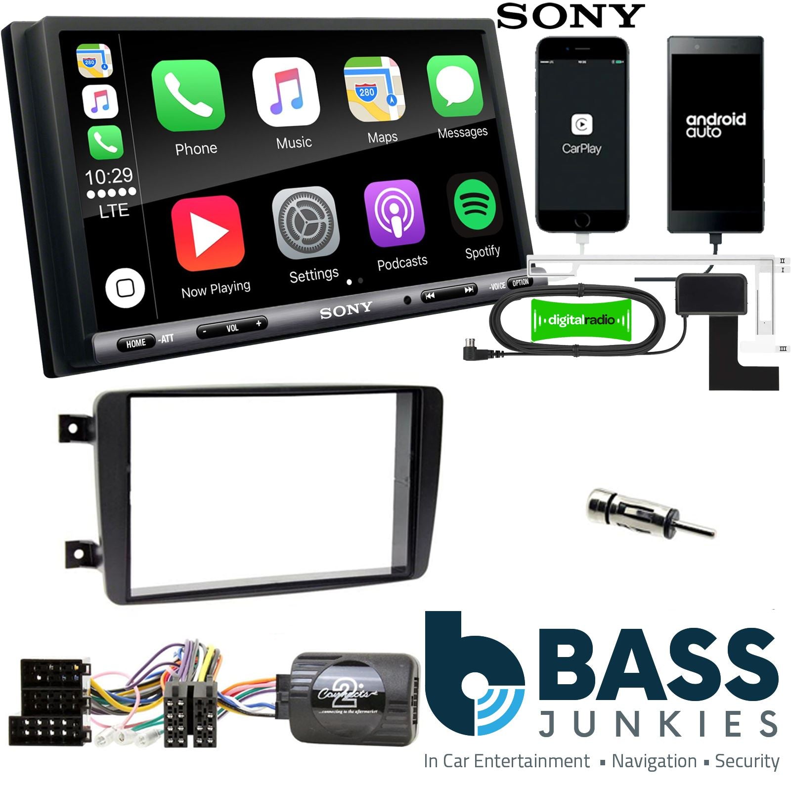 SONY DAB+ Apple | Android Double Din Stereo Fitting Kit + Steering Wheel Stalk Controls to fit Mercedes C-Class 2001-04 | Mercedes CLK 2002-04