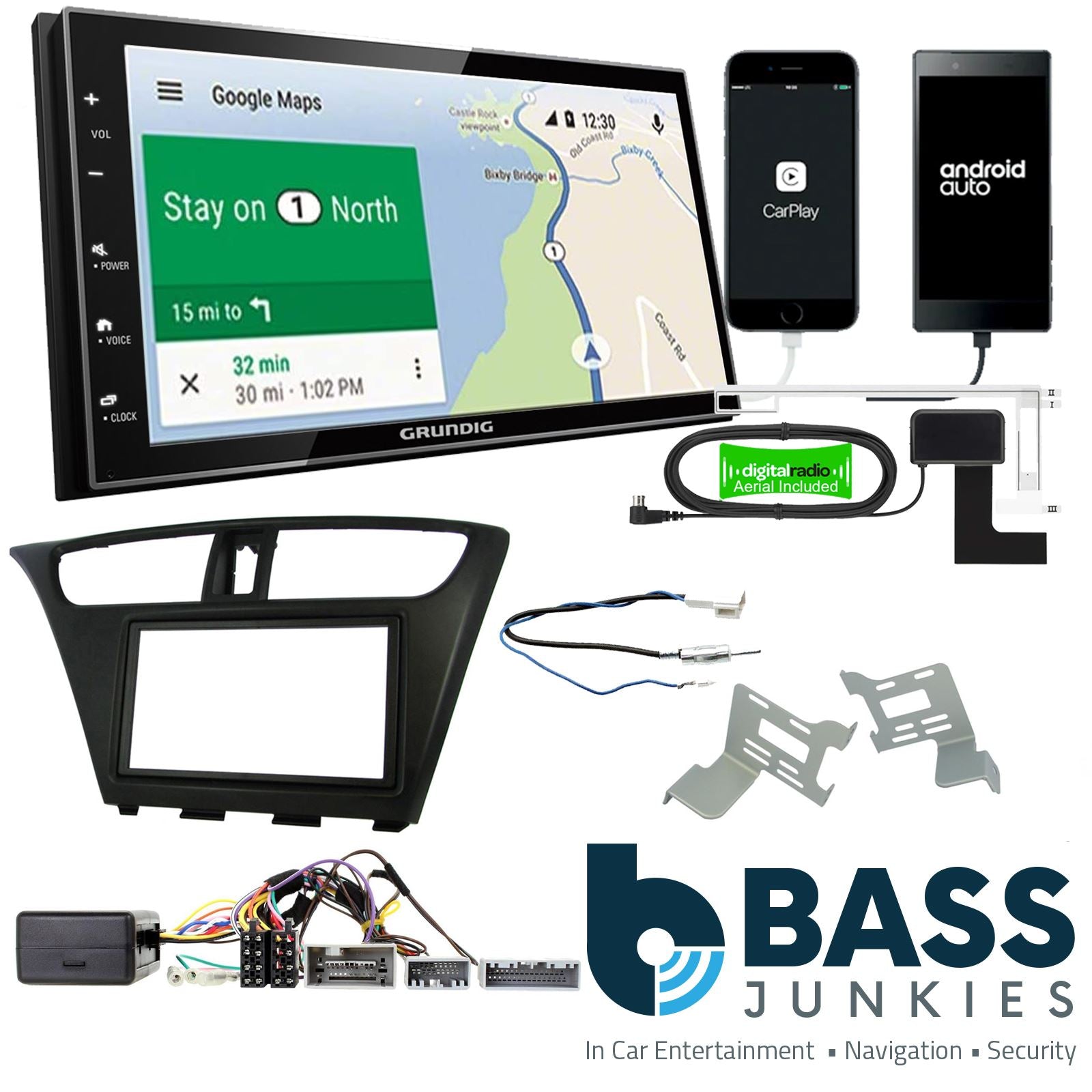 Grundig 6.8" Apple Android Double Din Stereo Fitting Kit + Steering Wheel Stalk Controls to fit Honda Civic 2012-15