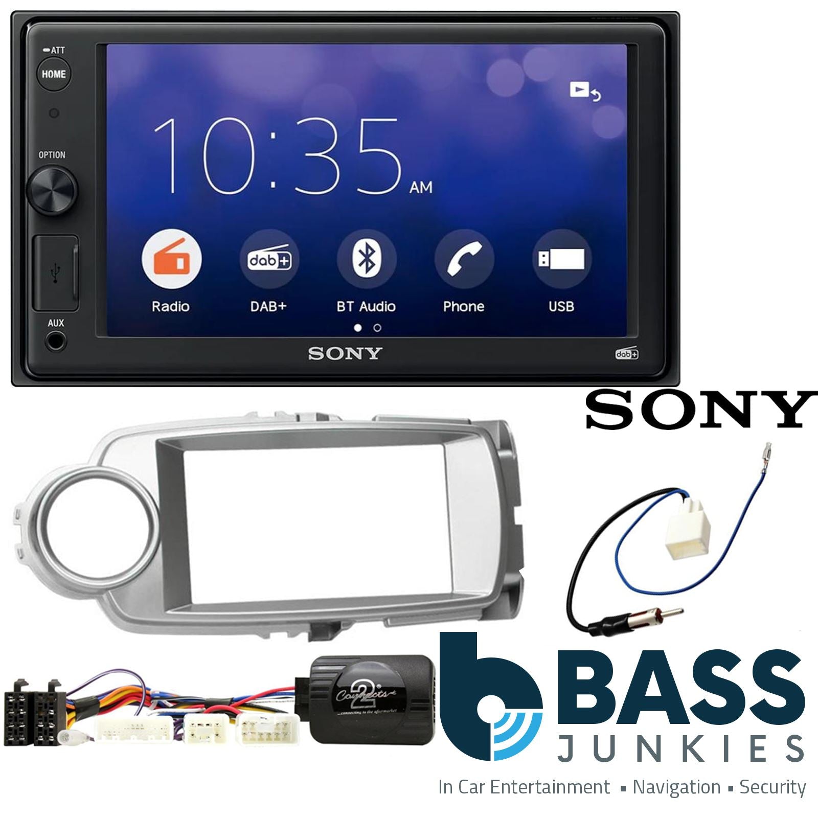 SONY XAV-1550D DAB+ Smart Bluetooth Car Radio + Stereo fitting kit + Steering Wheel Controls Loom for Toyota Yaris 2011-2017