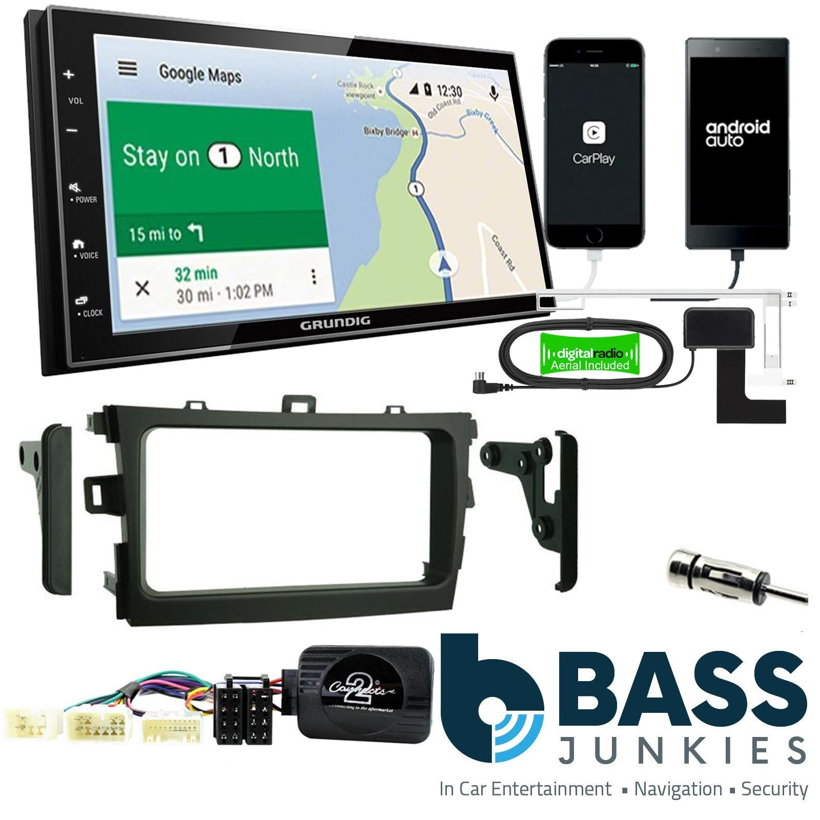 Grundig 6.8" Apple Android Double Din Stereo Fitting Kit + Steering Wheel Stalk Controls to fit Toyota Corolla 2009-11