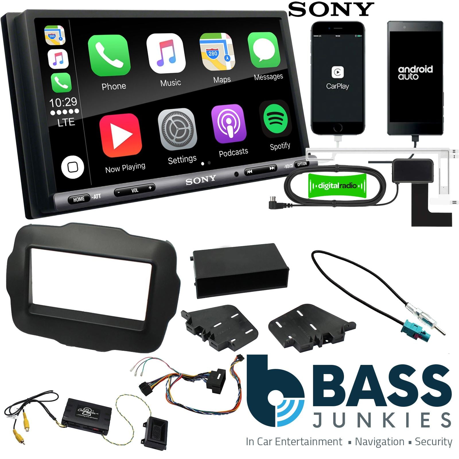 SONY DAB+ Apple | Android Double Din Stereo Fitting Kit + Steering Wheel Stalk Controls to fit Jeep Renegade 2015-21