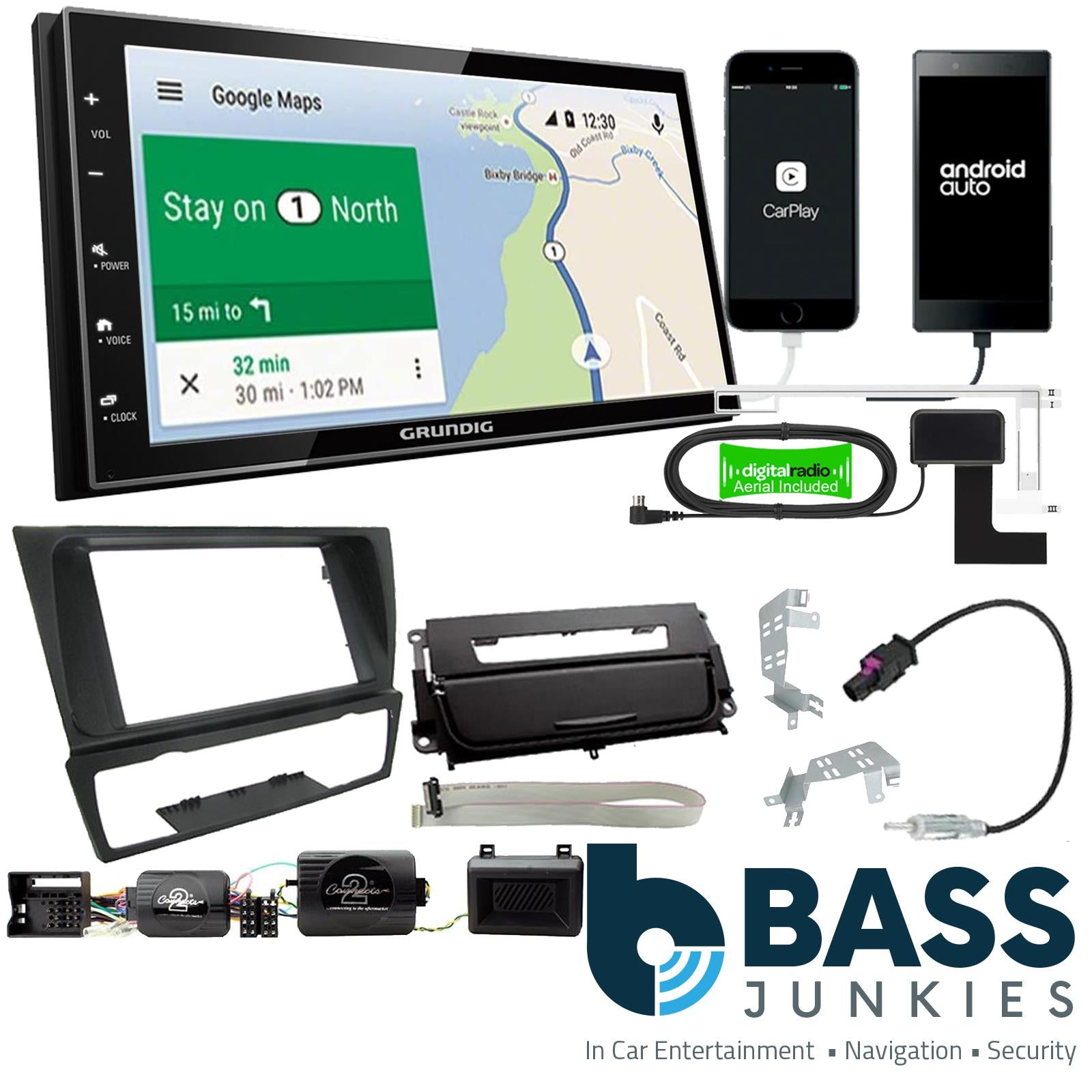 Grundig 6.8" Apple Android Double Din Stereo Fitting Kit + Steering Wheel Stalk Controls to fit BMW 3-Series 2005-12