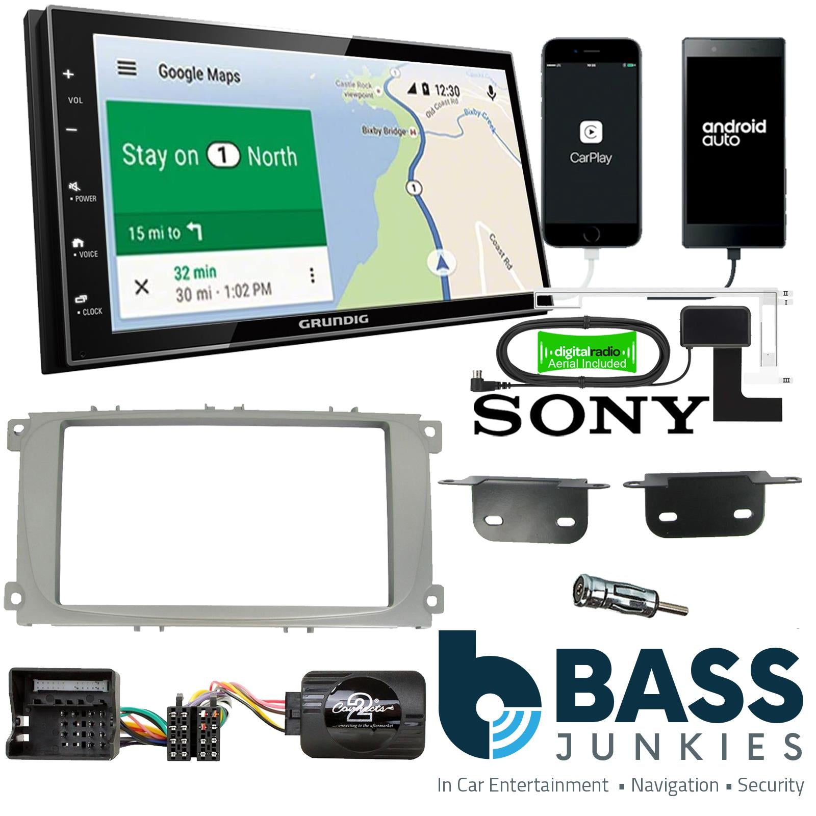 Grundig 6.8" Apple Android Double Din Stereo Fitting Kit + Steering Wheel Stalk Controls to fit Ford Focus 2007-11 | Ford Mondeo 2007-14