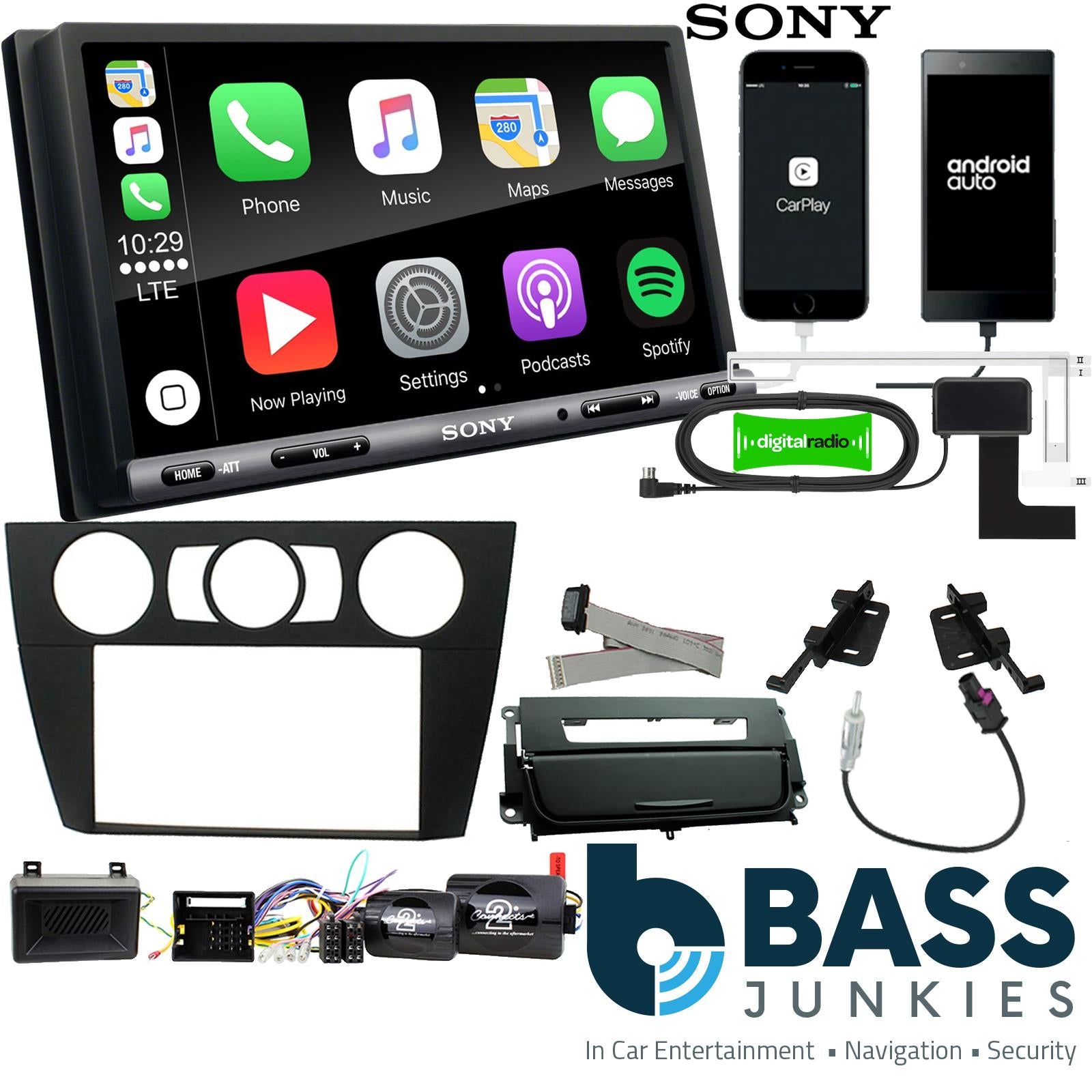 SONY DAB+ Apple | Android Double Din Stereo Fitting Kit + Steering Wheel Stalk Controls to fit BMW 3-Series 2005-12