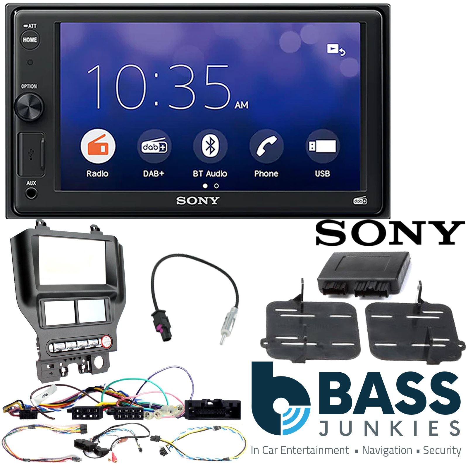 SONY XAV-1550D DAB+ Smart Bluetooth Car Radio + Stereo fitting kit + Steering Wheel Controls Loom for Ford Mustang 2015-2021