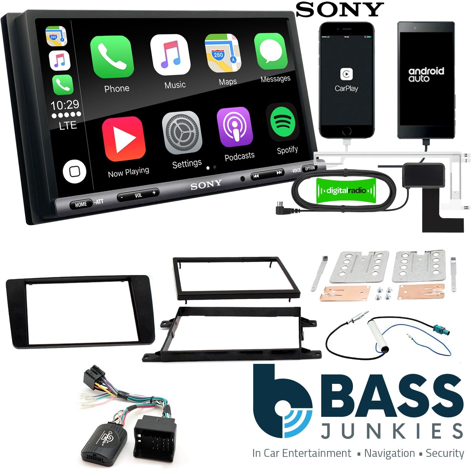 SONY DAB+ Apple | Android Double Din Stereo Fitting Kit + Steering Wheel Stalk Controls to fit Skoda Superb 2008-13
