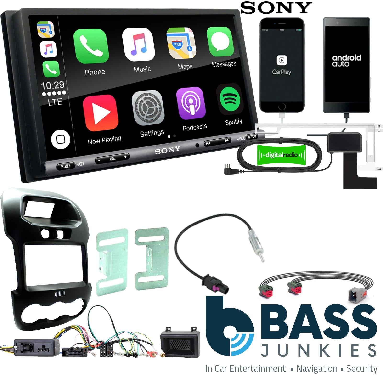 SONY DAB+ Apple | Android Double Din Stereo Fitting Kit + Steering Wheel Stalk Controls to fit Ford Ranger 2012-16