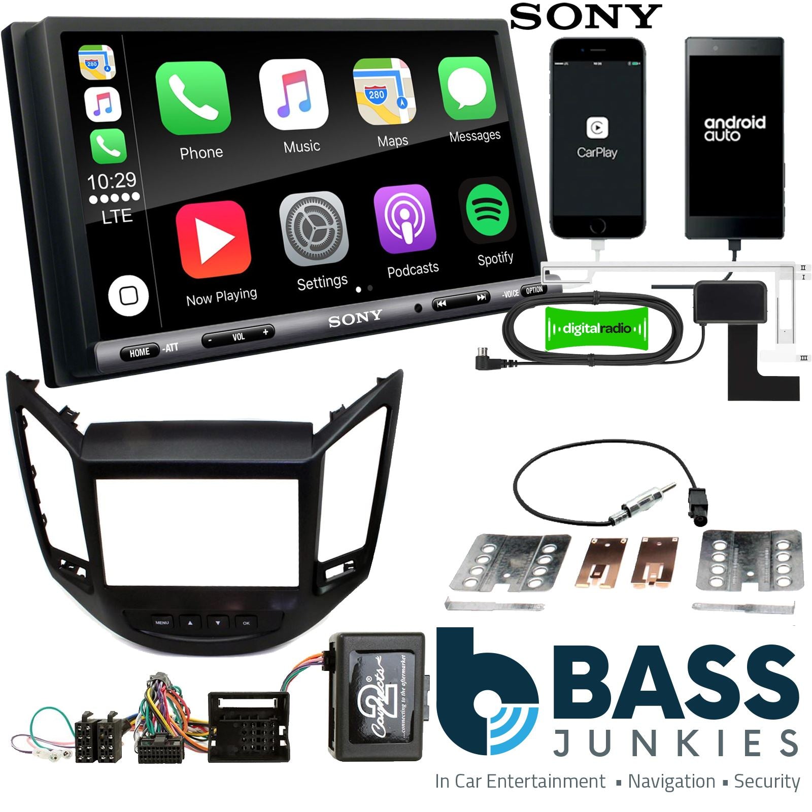 SONY DAB+ Apple | Android Double Din Stereo Fitting Kit + Steering Wheel Stalk Controls to fit Chevrolet Spark 2013-15