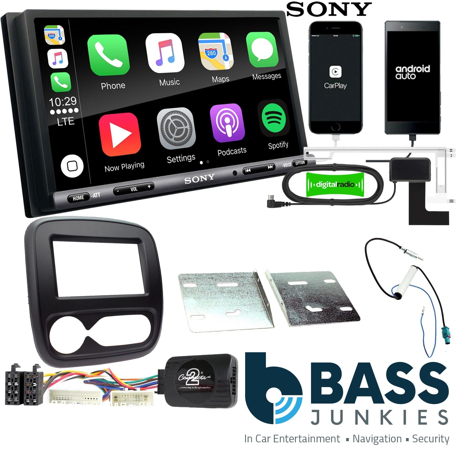 SONY DAB+ Apple | Android Double Din Stereo Fitting Kit + Steering Wheel Stalk Controls to fit Fiat Talento 2017-21