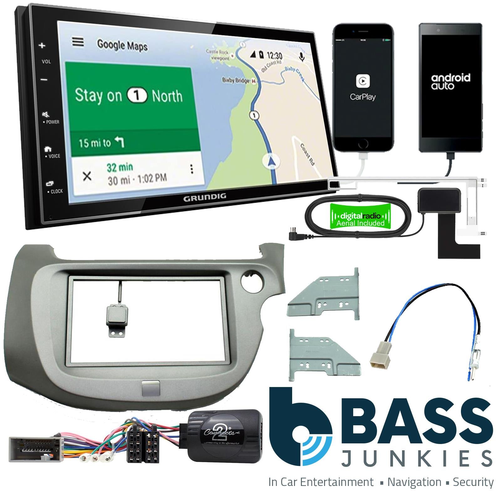 Grundig 6.8" Apple Android Double Din Stereo Fitting Kit + Steering Wheel Stalk Controls to fit Honda Jazz 2009-13