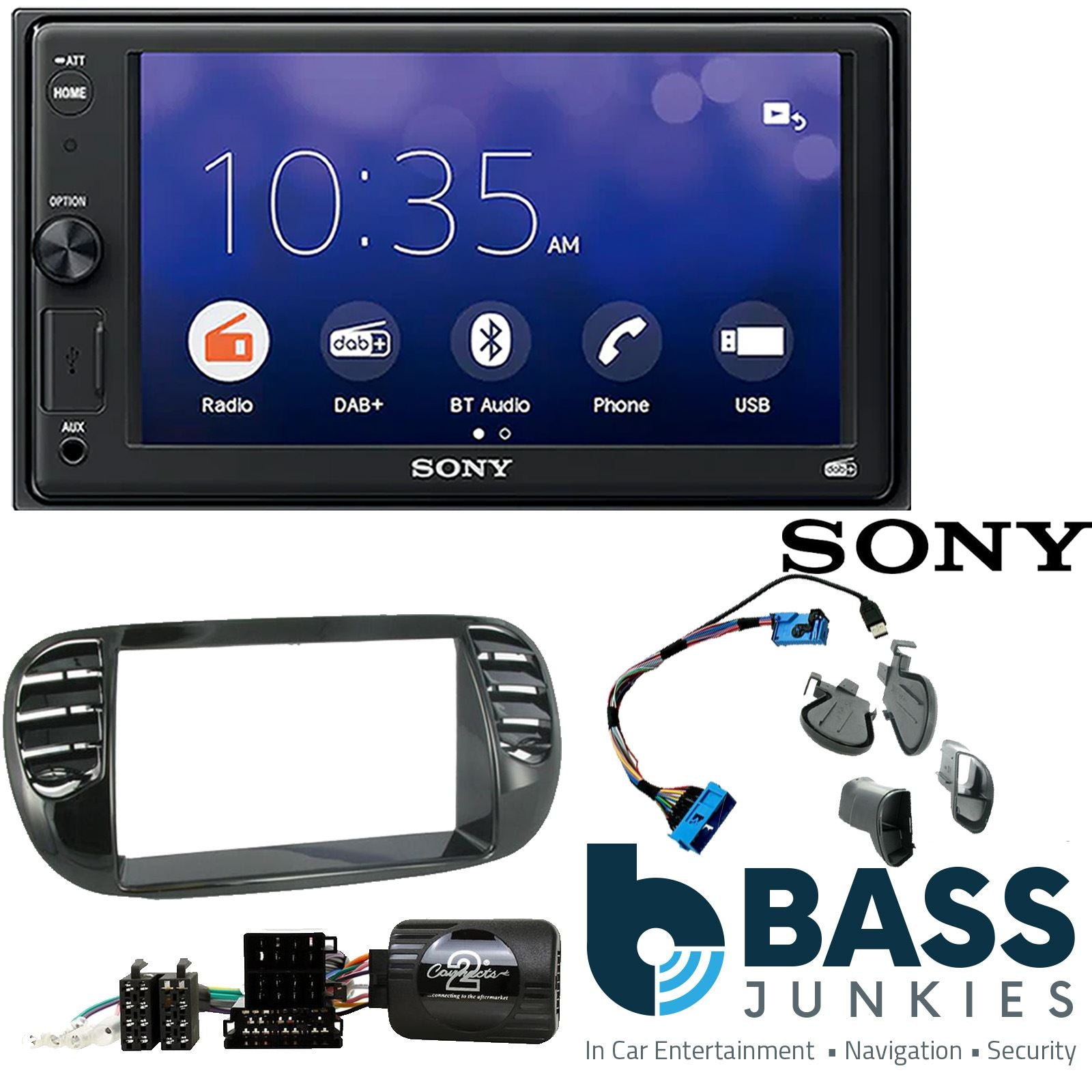 SONY XAV-1550D DAB+ Smart Bluetooth Car Radio + Stereo fitting kit + Steering Wheel Controls Loom for Fiat 500 2007-2015