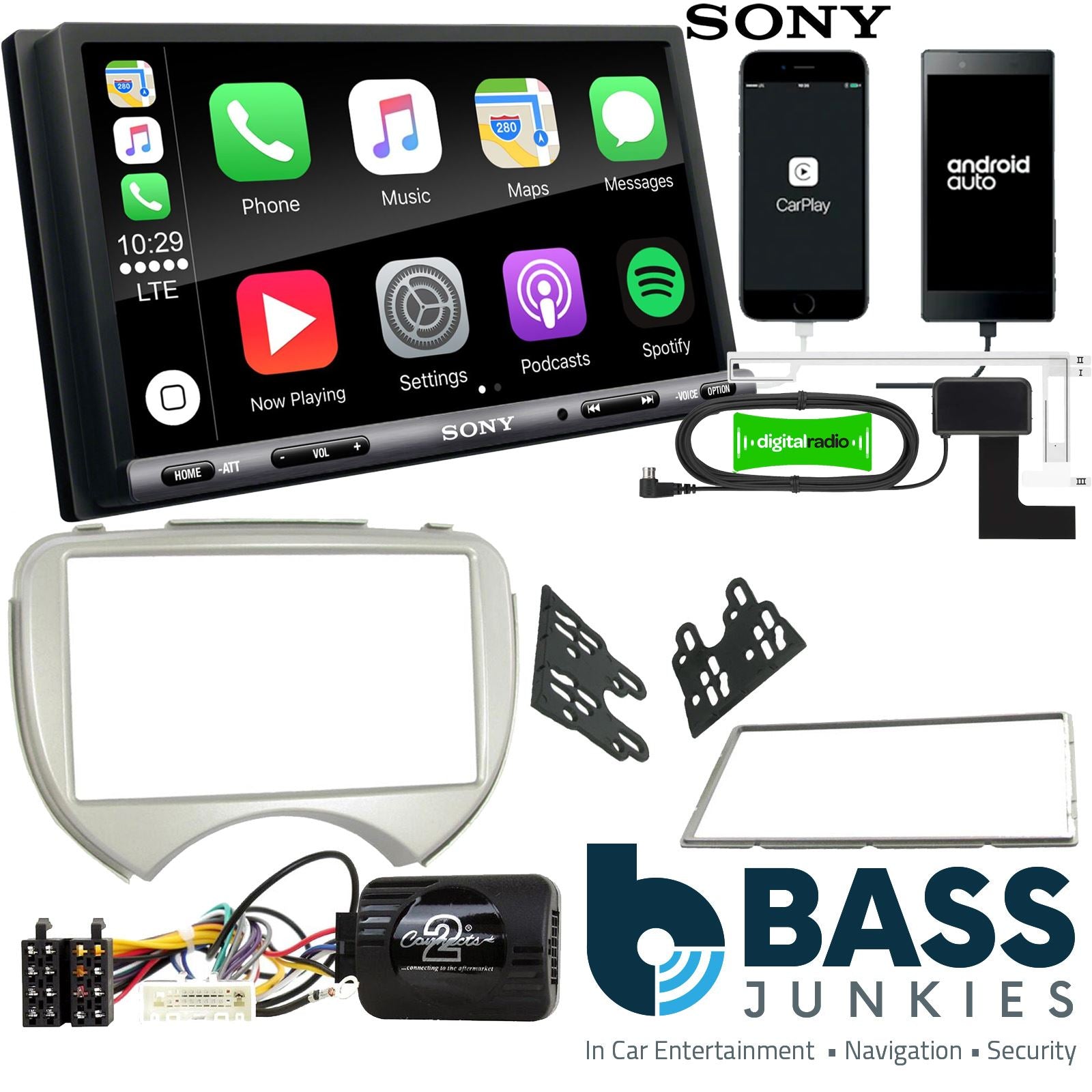 SONY DAB+ Apple | Android Double Din Stereo Fitting Kit + Steering Wheel Stalk Controls to fit Nissan Micra 2011-14
