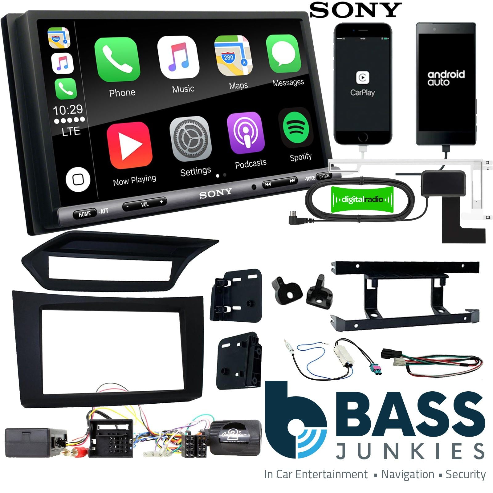 SONY DAB+ Apple | Android Double Din Stereo Fitting Kit + Steering Wheel Stalk Controls to fit Mercedes E-Class 2009-12