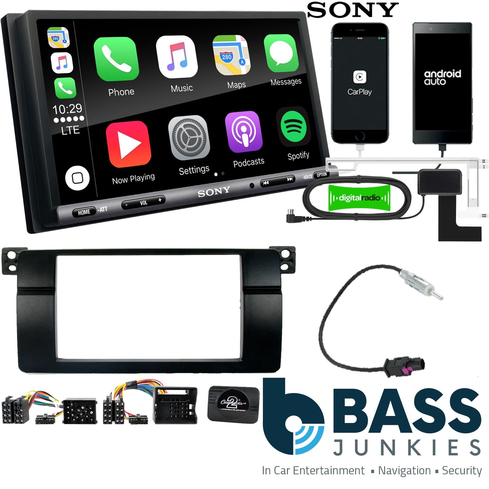 SONY DAB+ Apple | Android Double Din Stereo Fitting Kit + Steering Wheel Stalk Controls to fit BMW 3-Series 1998-05