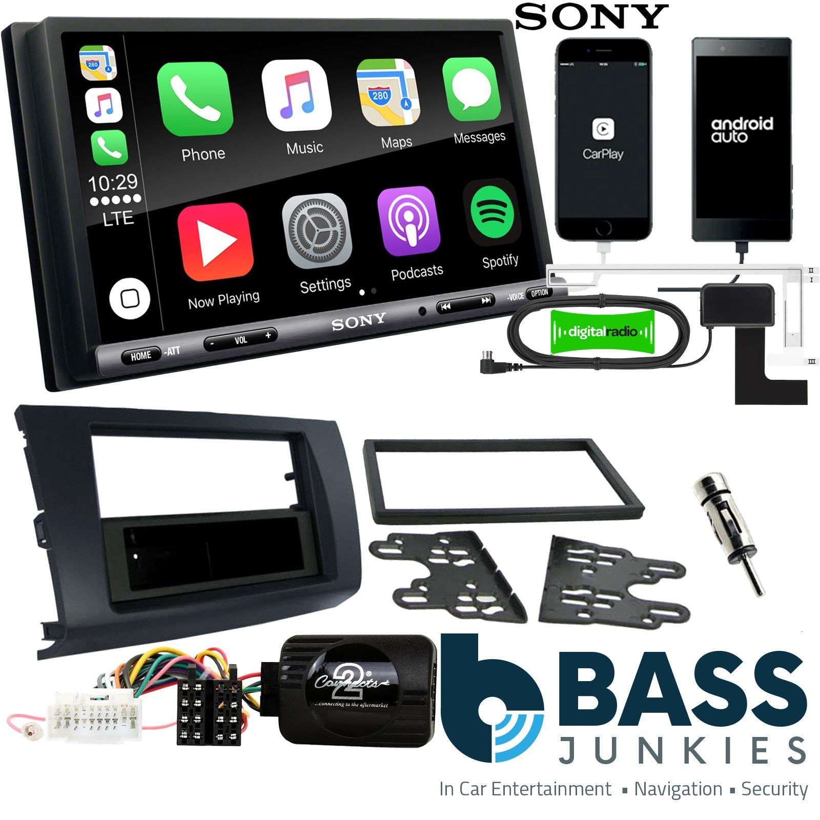 SONY DAB+ Apple | Android Double Din Stereo Fitting Kit + Steering Wheel Stalk Controls to fit Suzuki Swift 2005-10