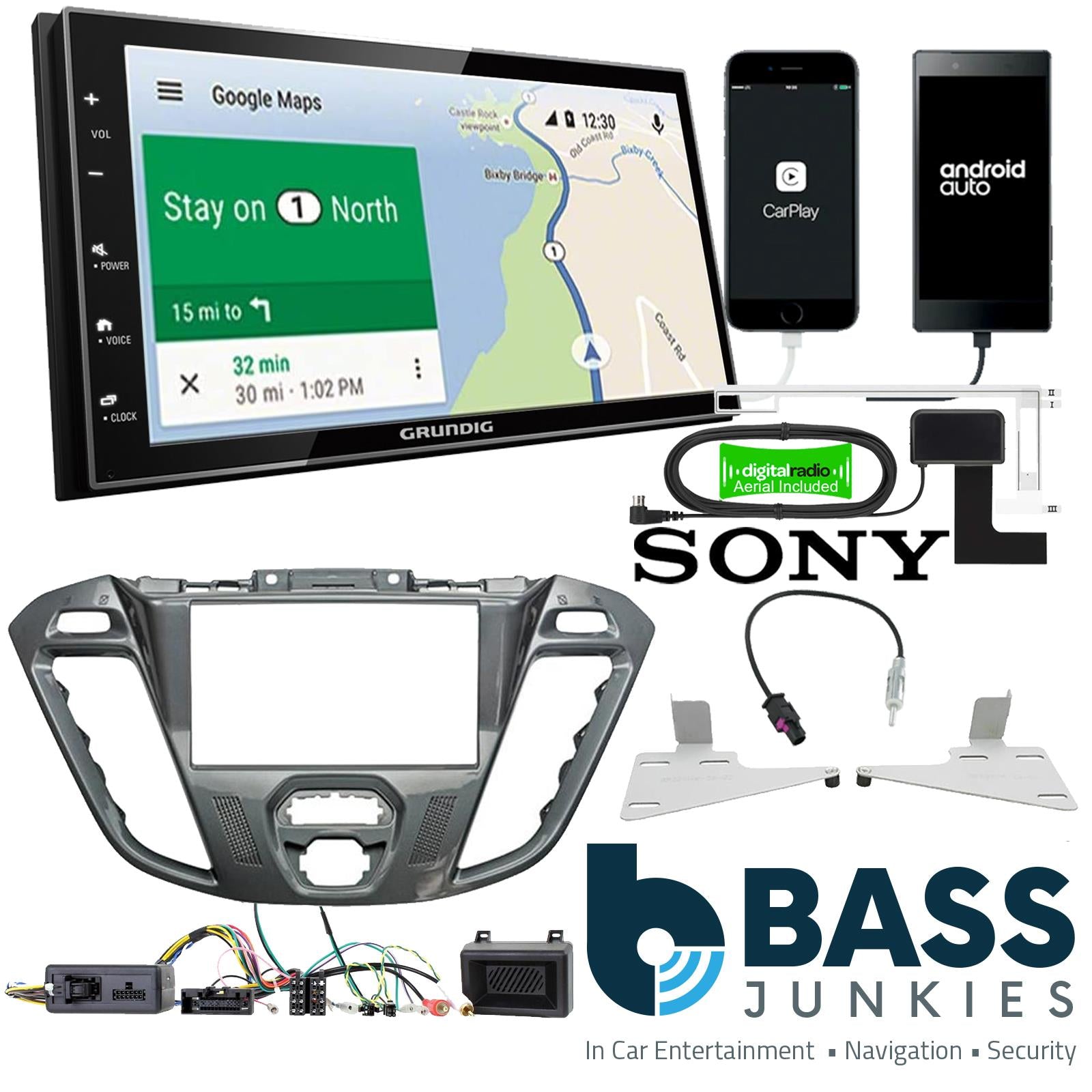 Grundig 6.8" Apple Android Double Din Stereo Fitting Kit + Steering Wheel Stalk Controls to fit Ford Transit-Custom 12-16