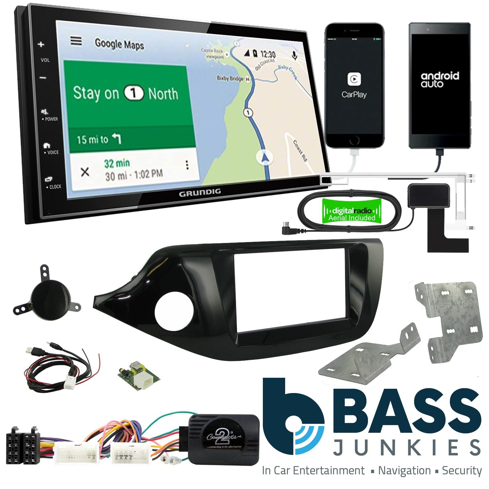 Grundig 6.8" Apple Android Double Din Stereo Fitting Kit + Steering Wheel Stalk Controls to fit Kia Cee'd 2012-18 | Kia Pro-Cee'd 2012-18
