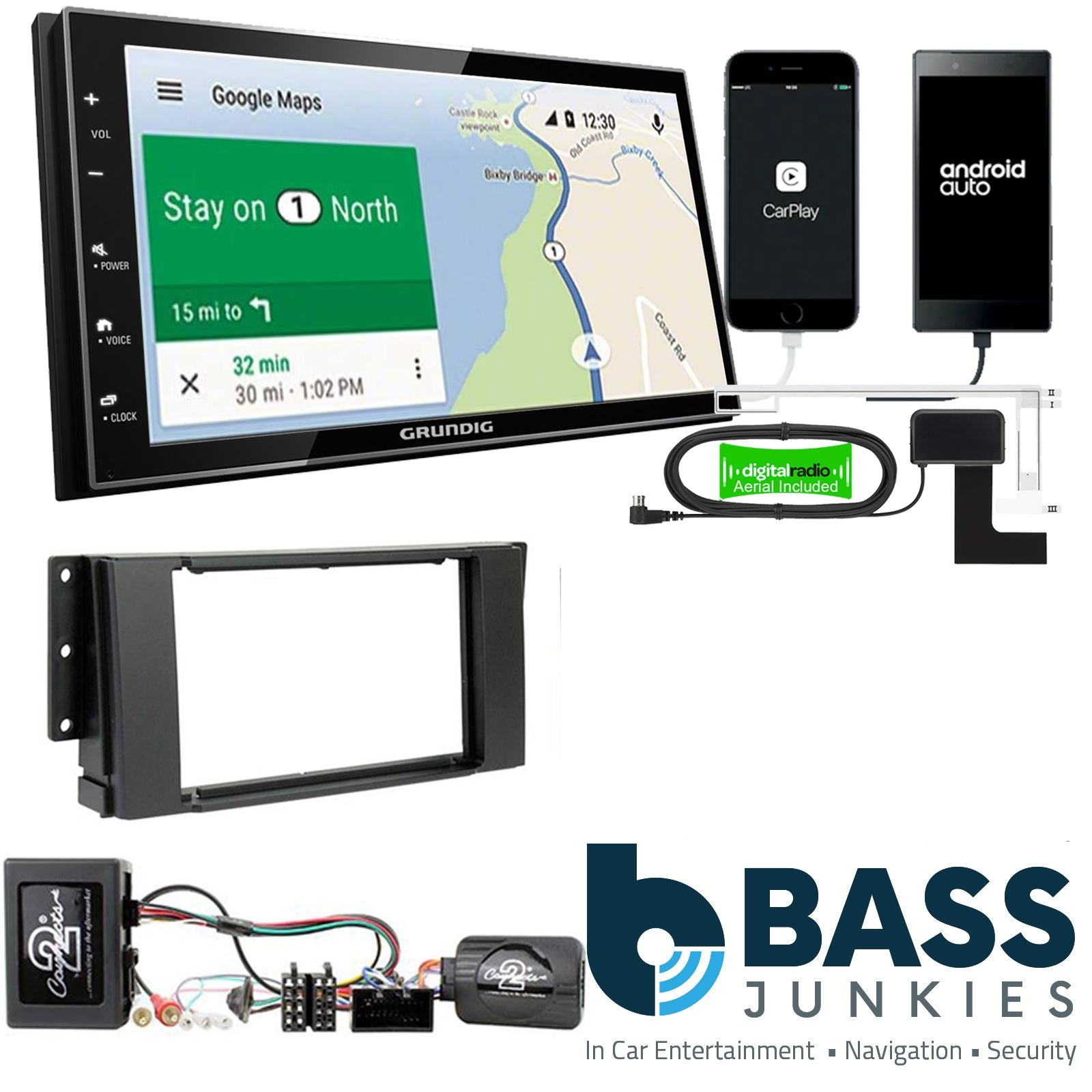Grundig 6.8" Apple Android Double Din Stereo Fitting Kit + Steering Wheel Stalk Controls to fit Land Rover Range-Rover-Sport 05-09 | Land Rover Discovery 05-09