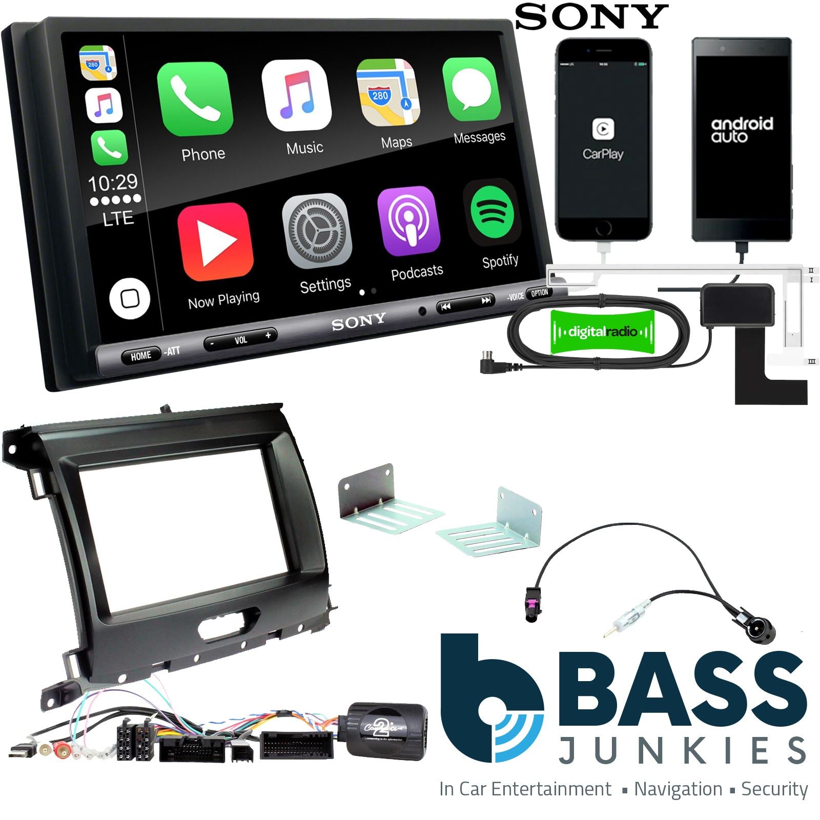 SONY DAB+ Apple | Android Double Din Stereo Fitting Kit + Steering Wheel Stalk Controls to fit Ford Ranger 2016-20