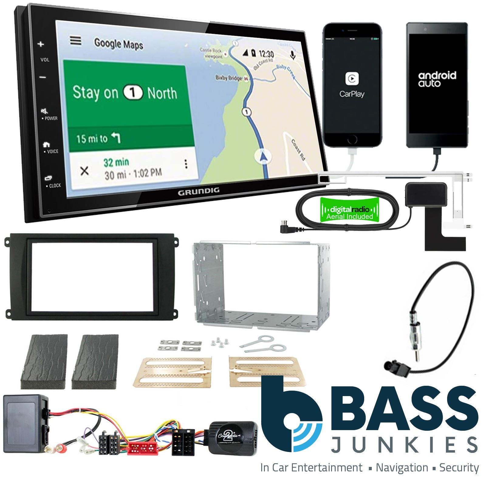 Grundig 6.8" Apple Android Double Din Stereo Fitting Kit + Steering Wheel Stalk Controls to fit Porsche Cayenne 2002-07
