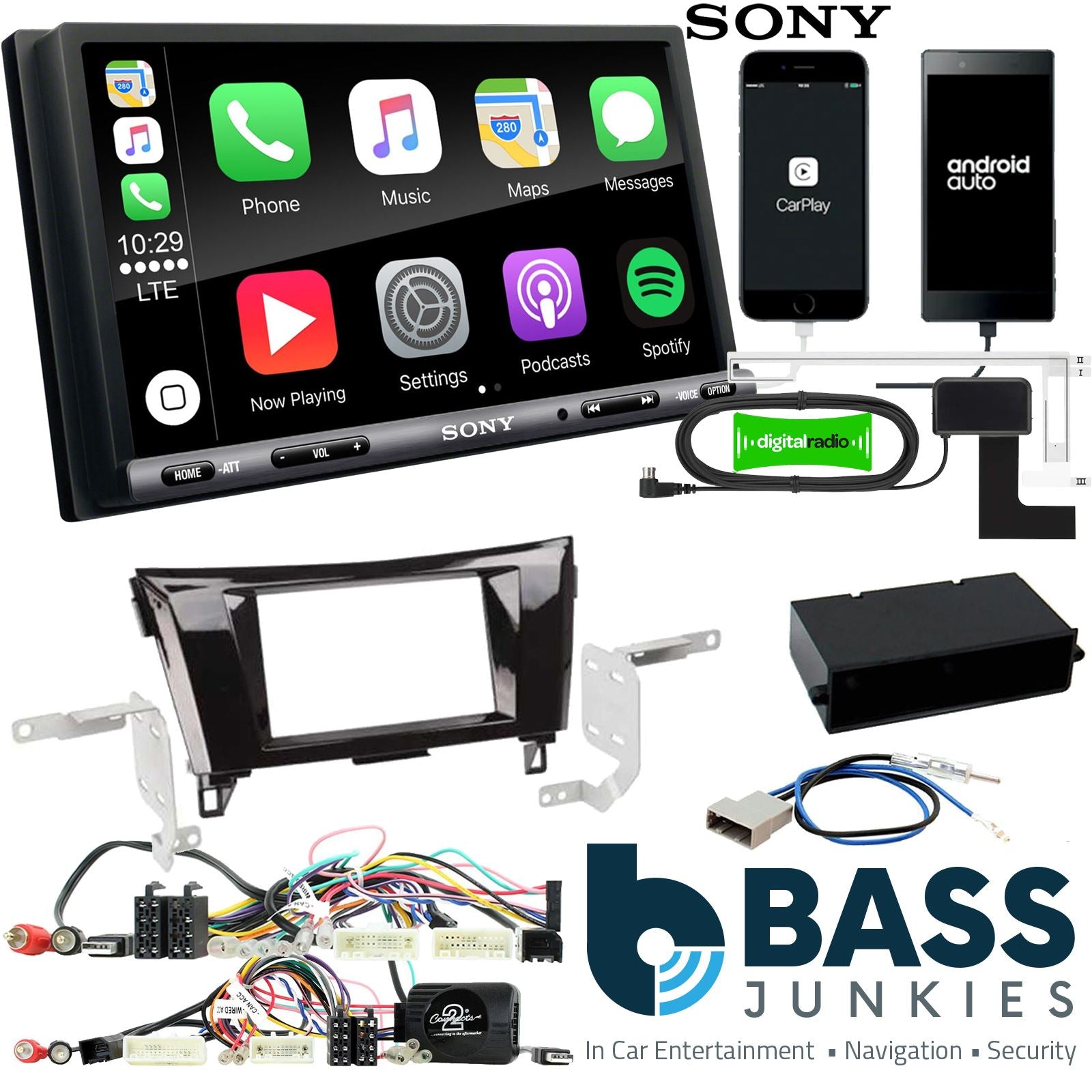 SONY DAB+ Apple | Android Double Din Stereo Fitting Kit + Steering Wheel Stalk Controls to fit Nissan Qashqai 2014-17