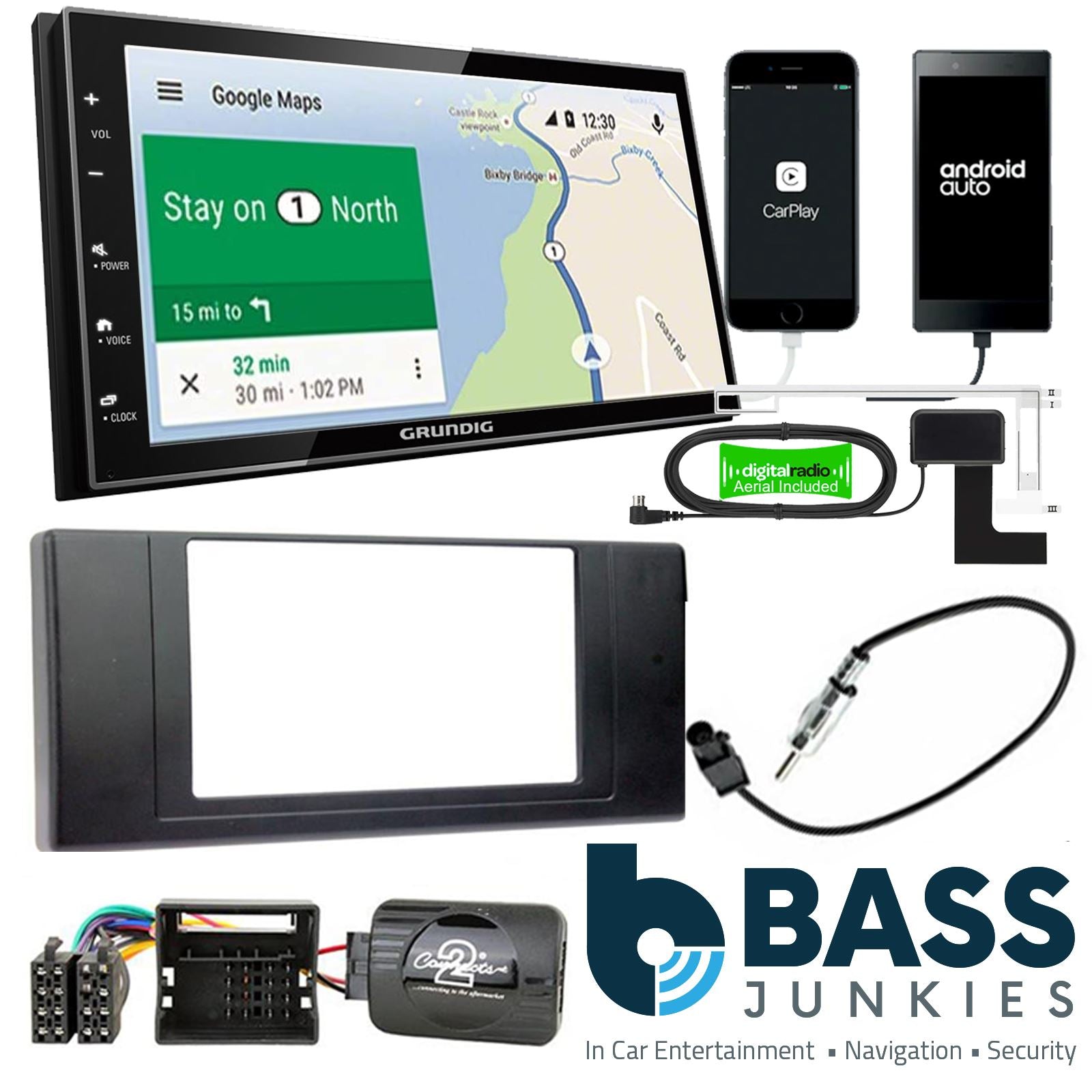 Grundig 6.8" Apple Android Double Din Stereo Fitting Kit + Steering Wheel Stalk Controls to fit Land Rover Range-Rover 02-05