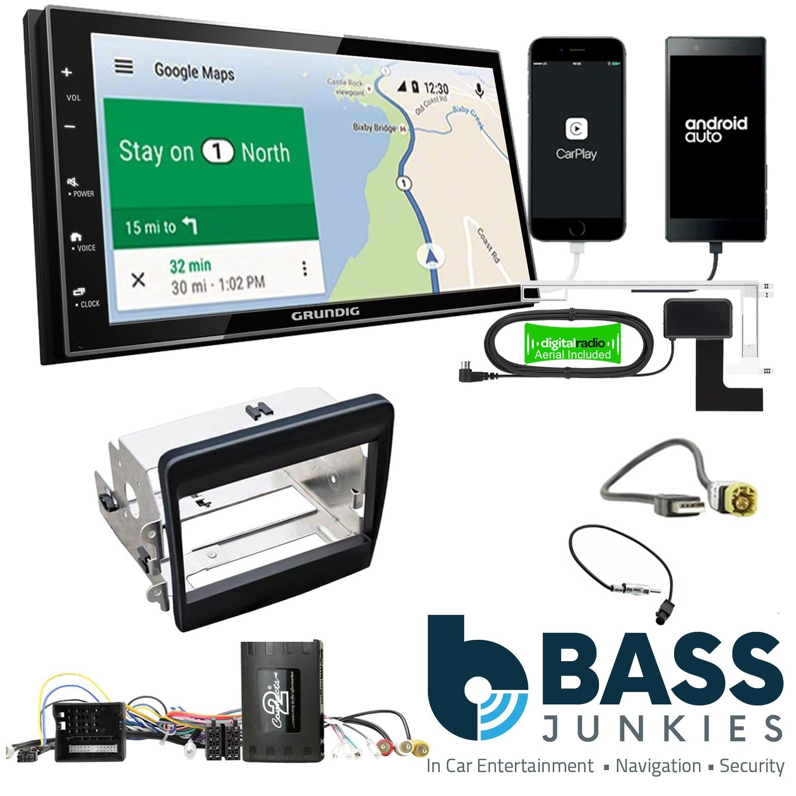 Grundig 6.8" Apple Android Double Din Stereo Fitting Kit + Steering Wheel Stalk Controls to fit Porsche 911 2011-16