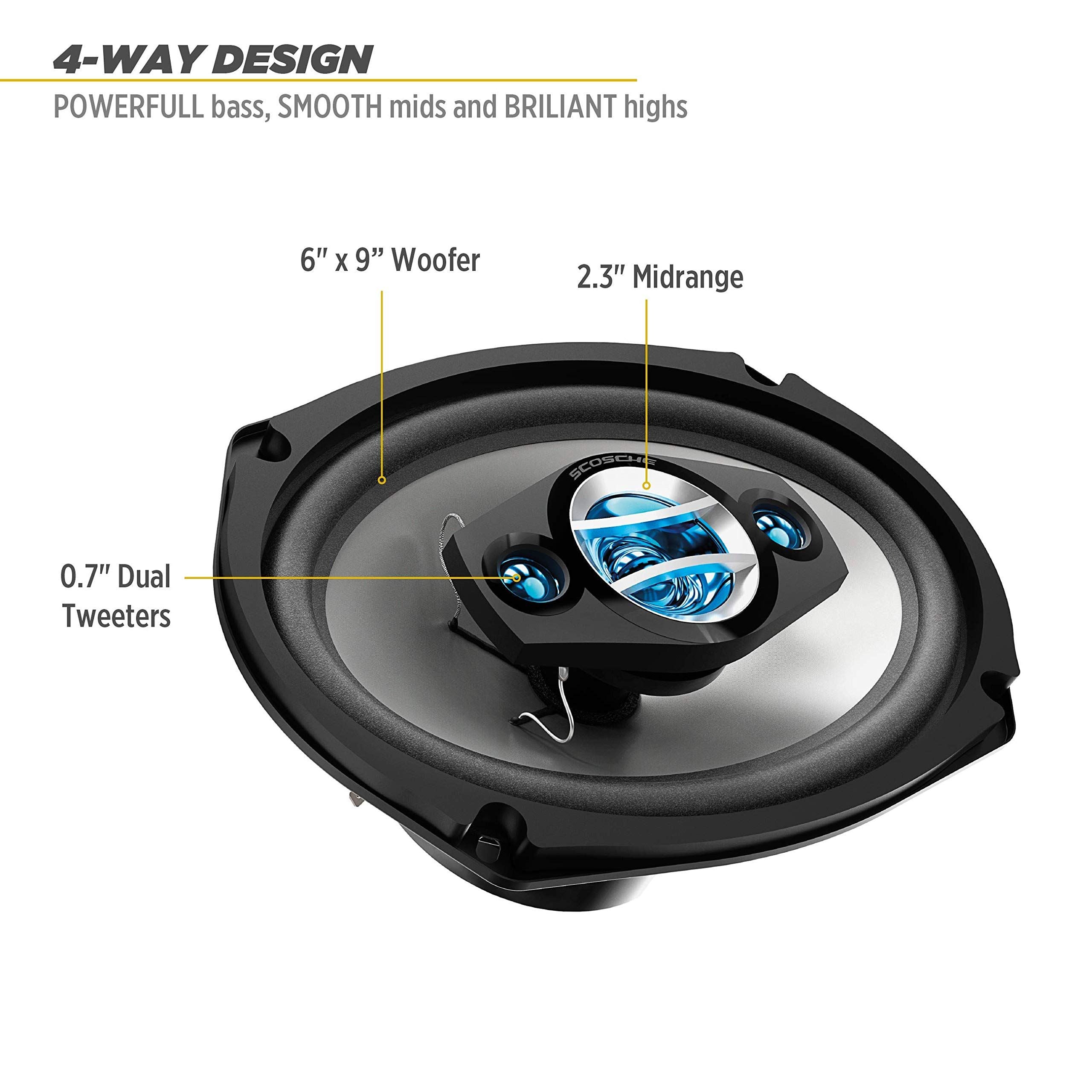 SCOSCHE HD6904 600 Watts a Pair 4 Way 6x9 Car Van Speakers Rear Shelf & Black Grilles